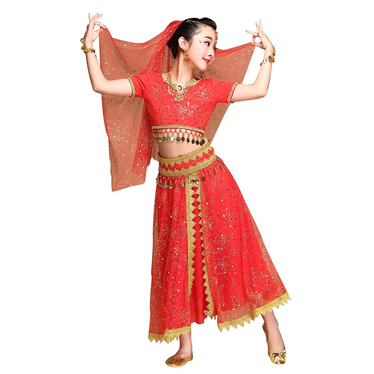 Belly Dance Costume Bollywood Dress - Elegant Chiffon Dance Outfit with Head Veil for Girls, Perfect for Halloween, Parties, and Performances