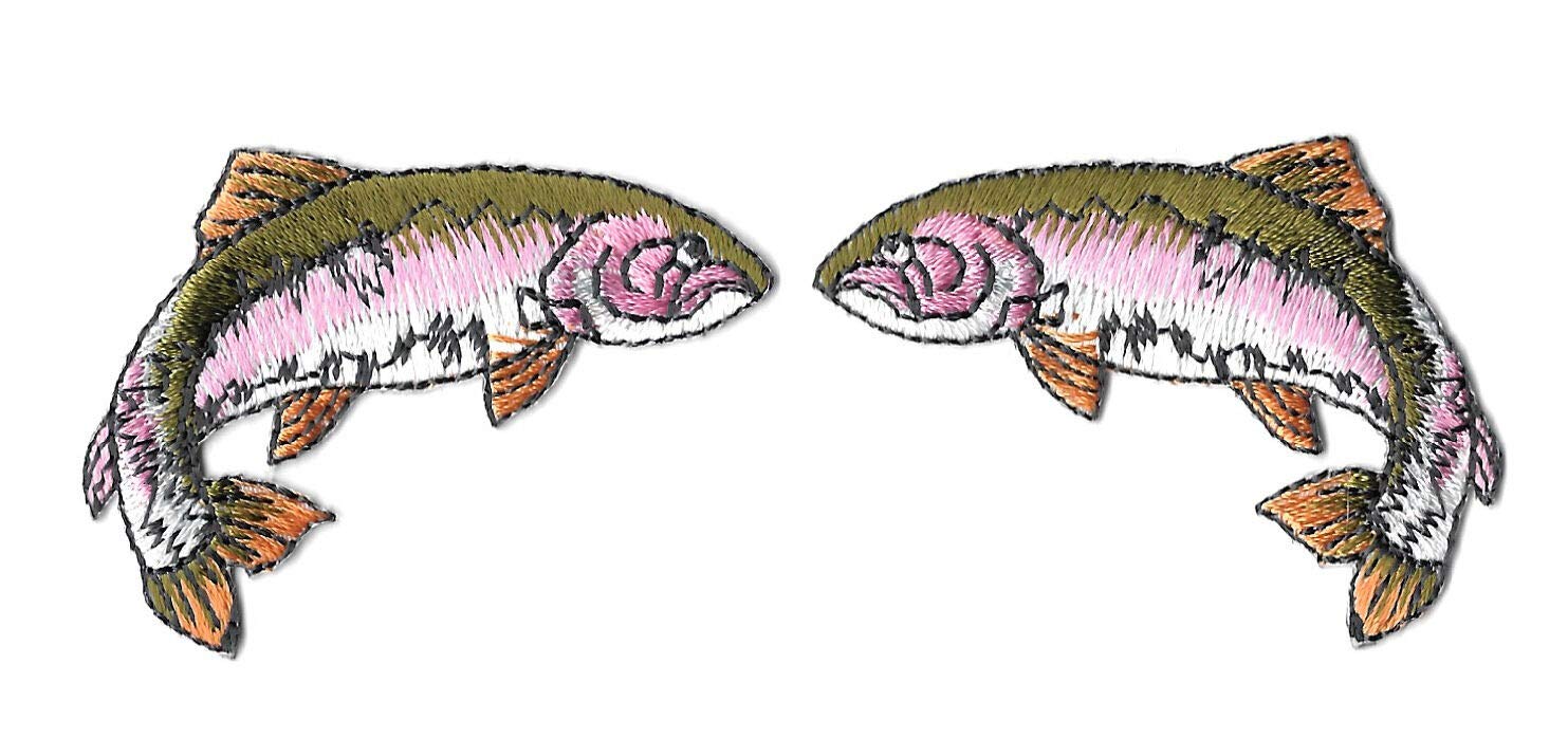 Premium Embroidered Iron On Patches - Set of 2 Pink Salmon Fish Design for Fishing & Camping Gear - Perfect for Jackets, Hats & Backpacks