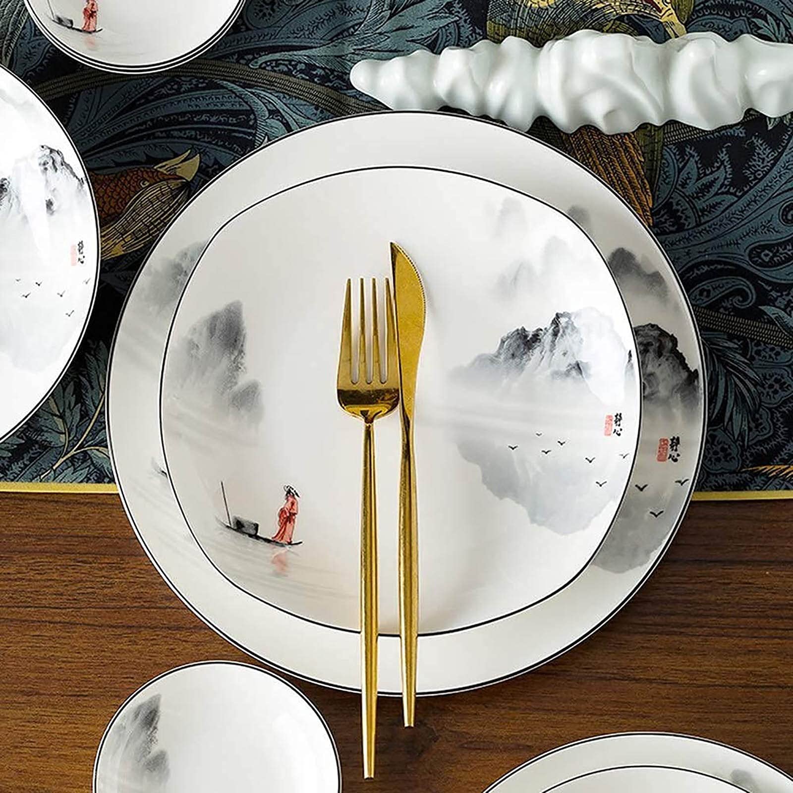 60-Piece Chinese Style Porcelain Dinnerware Set - Antique Ink Painting Design Plates, Bowls, Spoons & Soup Pot - Service for 12 - Elegant Tableware for Family Gatherings, Dinner Parties & Holiday Entertaining