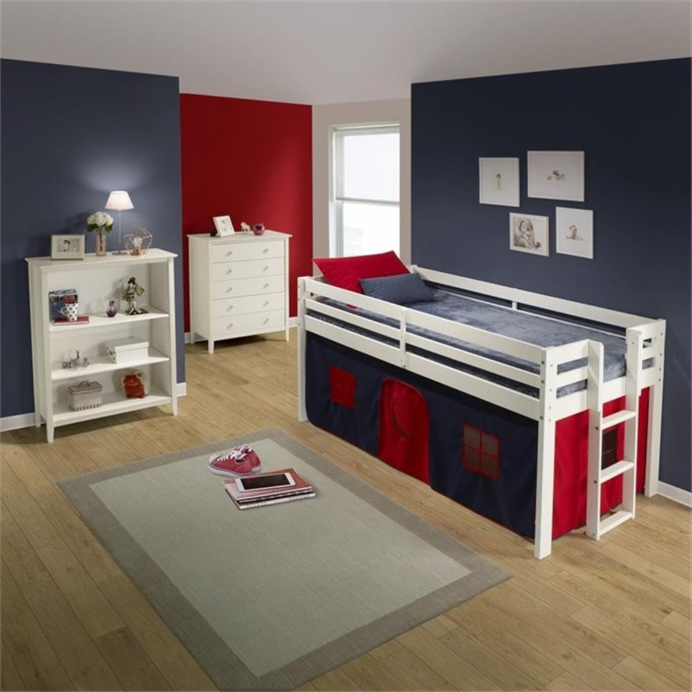 Roseberry Kids Twin Junior Loft Bed with Playhouse Tent - White Frame & Blue/Red Options | Space-Saving Bunk Bed for Small Rooms, Playful Sleep Solution for Toddlers & Kids