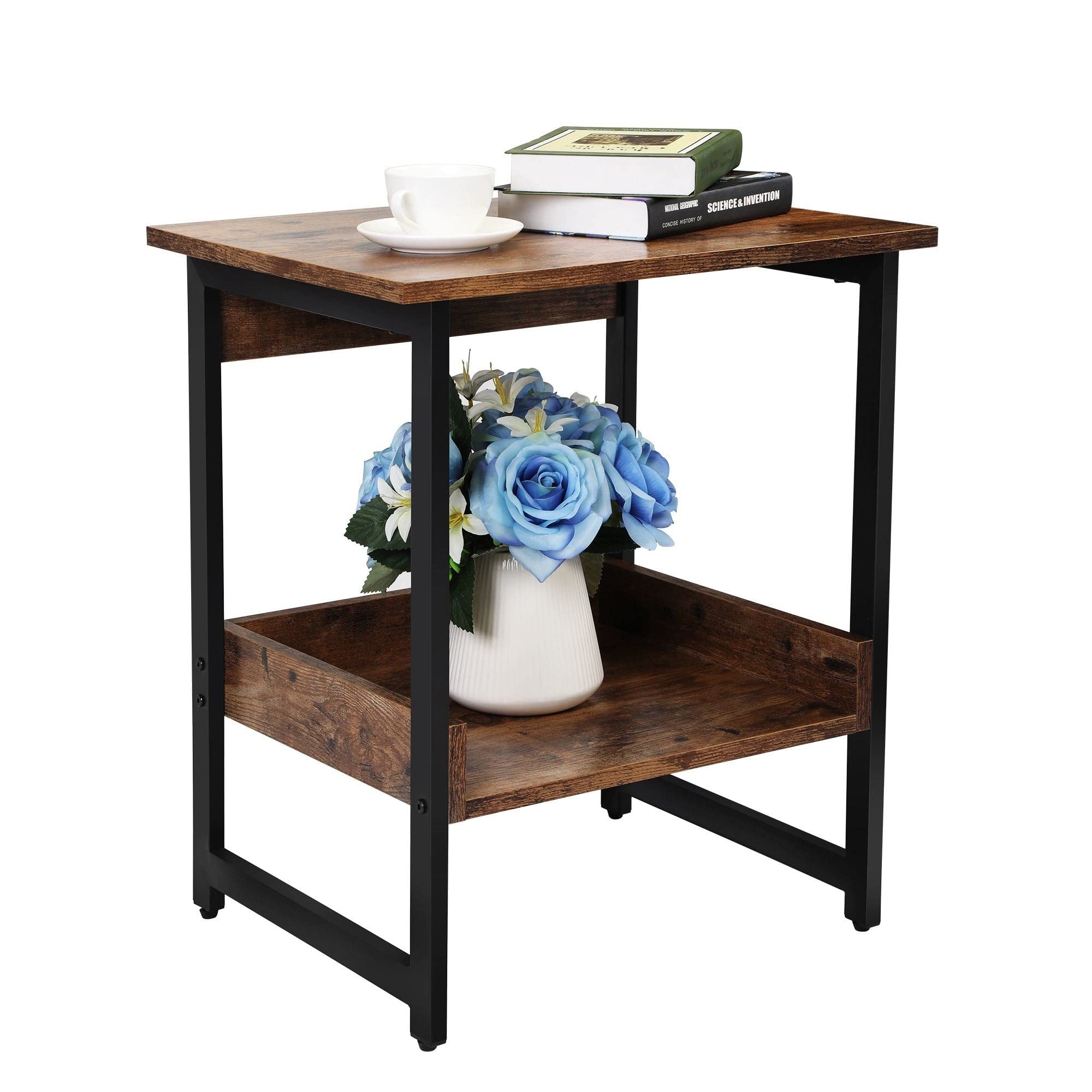 Vintage Brown 2-Tier Side Table - Mid-Century Modern Wood Finish Coffee Table, End Table, or Nightstand with Storage | Perfect for Living Room, Bedroom, or Office