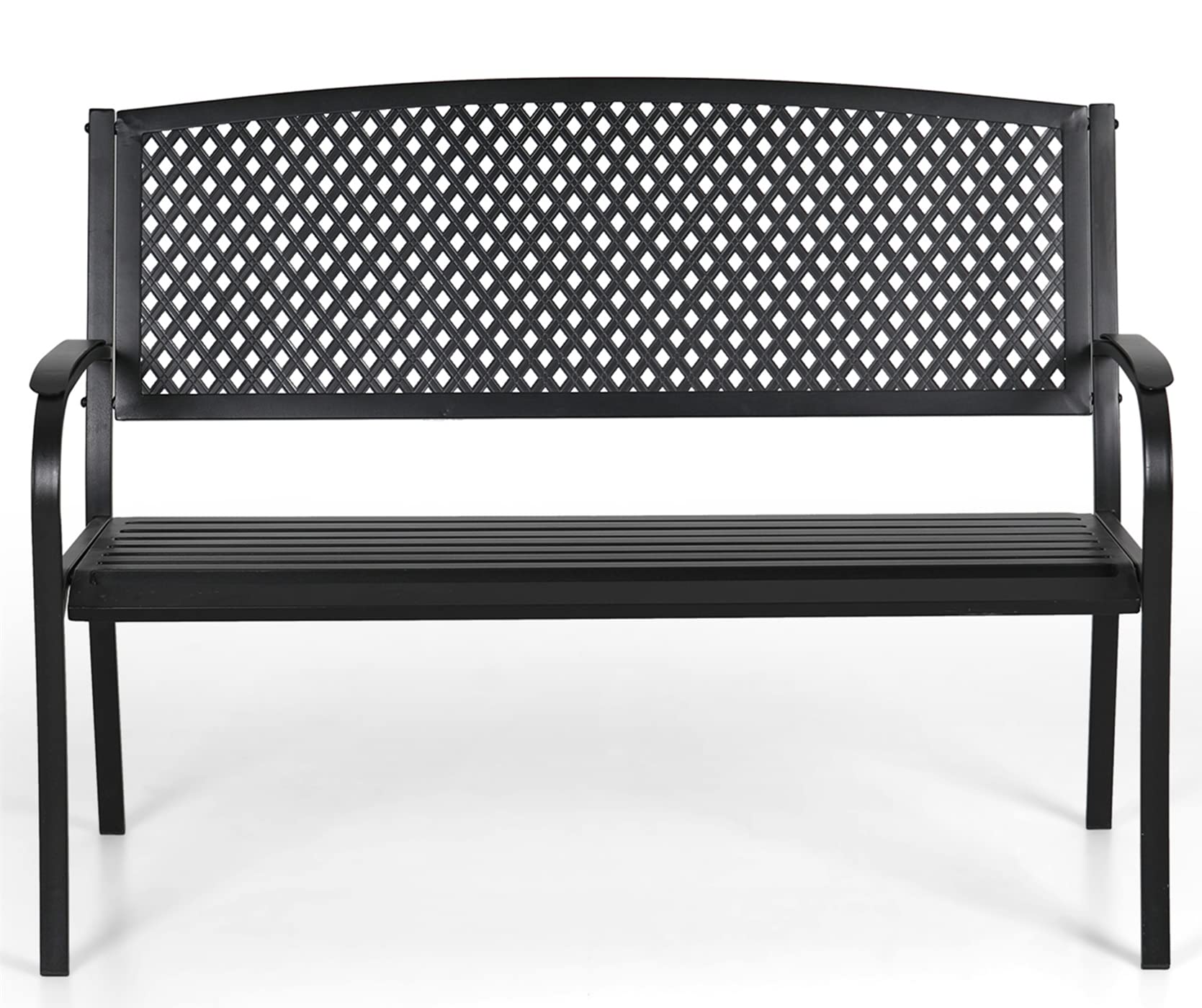 MFSTUDIO Outdoor Garden Metal Bench - Cast Iron Patio Bench Chair with Grid Backrest & Wide Armrests for Porch, Park, Yard, Entryway - Black | Durable Outdoor Seating Furniture for Garden, Backyard, and Patio Relaxation