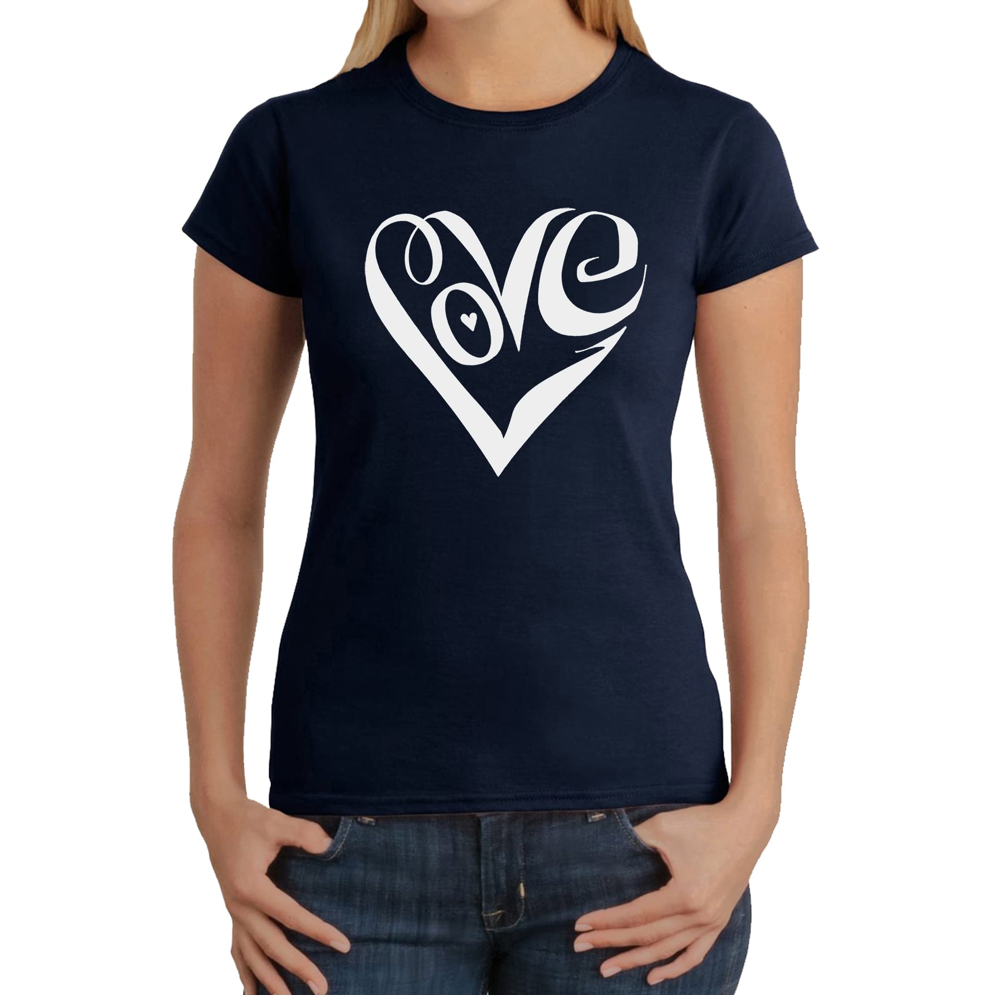 LA POP ART Women's Word Art T-Shirt - Script Love Heart Design | Trendy Graphic Tee for Casual Wear, Date Nights & Gift Giving