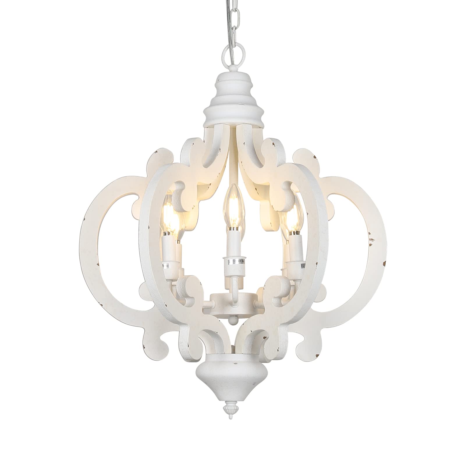 Farmhouse Chandelier 6-Lights Wooden Dining Room Light Fixture - Distressed White Candle Style Chandelier for Kitchen Island, Bedroom, Entryway & Living Room (20.1 Inch) - Perfect Rustic Lighting for Dining Tables, Kitchen Islands & Farmhouse Decor