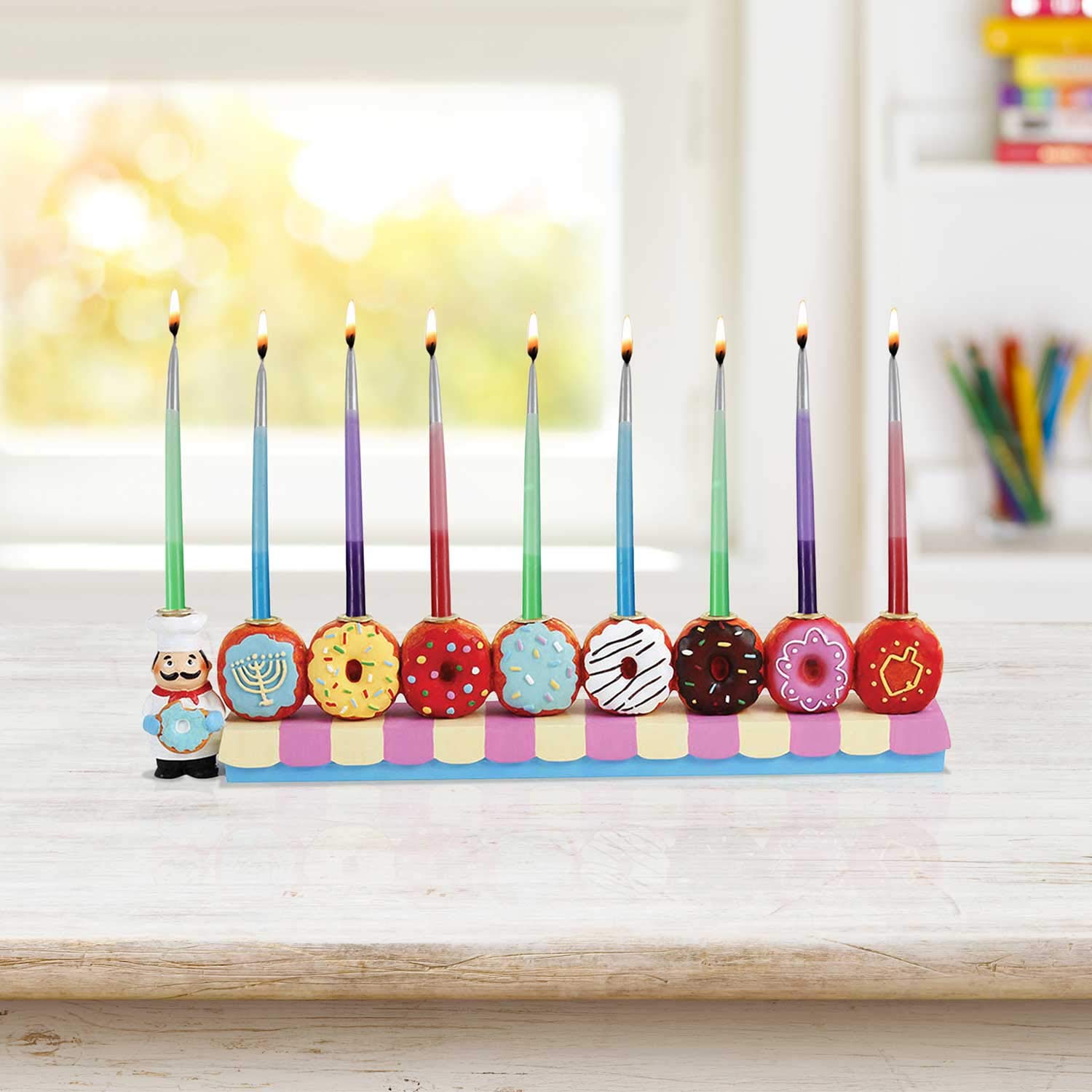 Hand-Painted Baker & Doughnuts Children's Candle Menorah - Traditional Chanukah Sofganiyot Design Fits Standard Hanukkah Candles - Collectible Hanukkiyah by Zion Judaica - Perfect for Kids' Hanukkah Celebrations & Jewish Holiday Decor