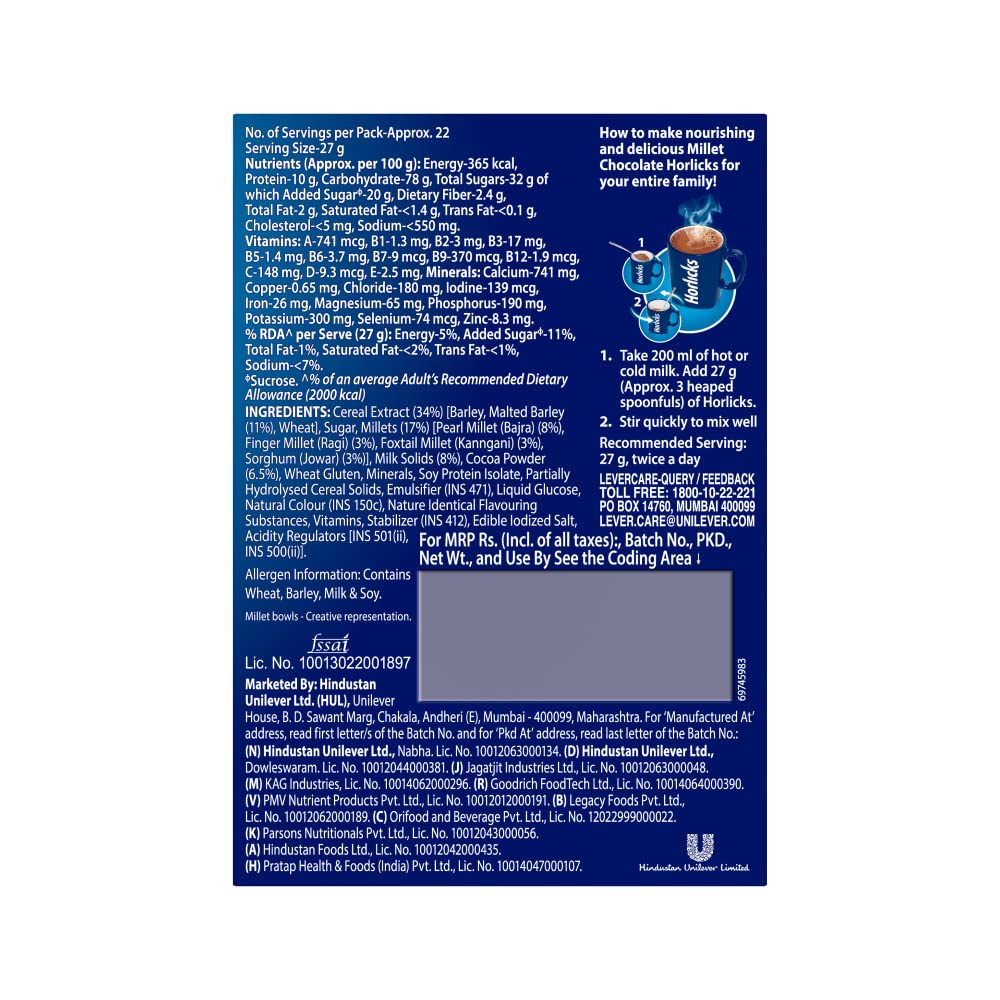 Horlicks Millet Chocolate Health Drink Powder 600g BIB - Nutritious Energy Boost for Kids & Adults, Perfect for Breakfast & Snack Time