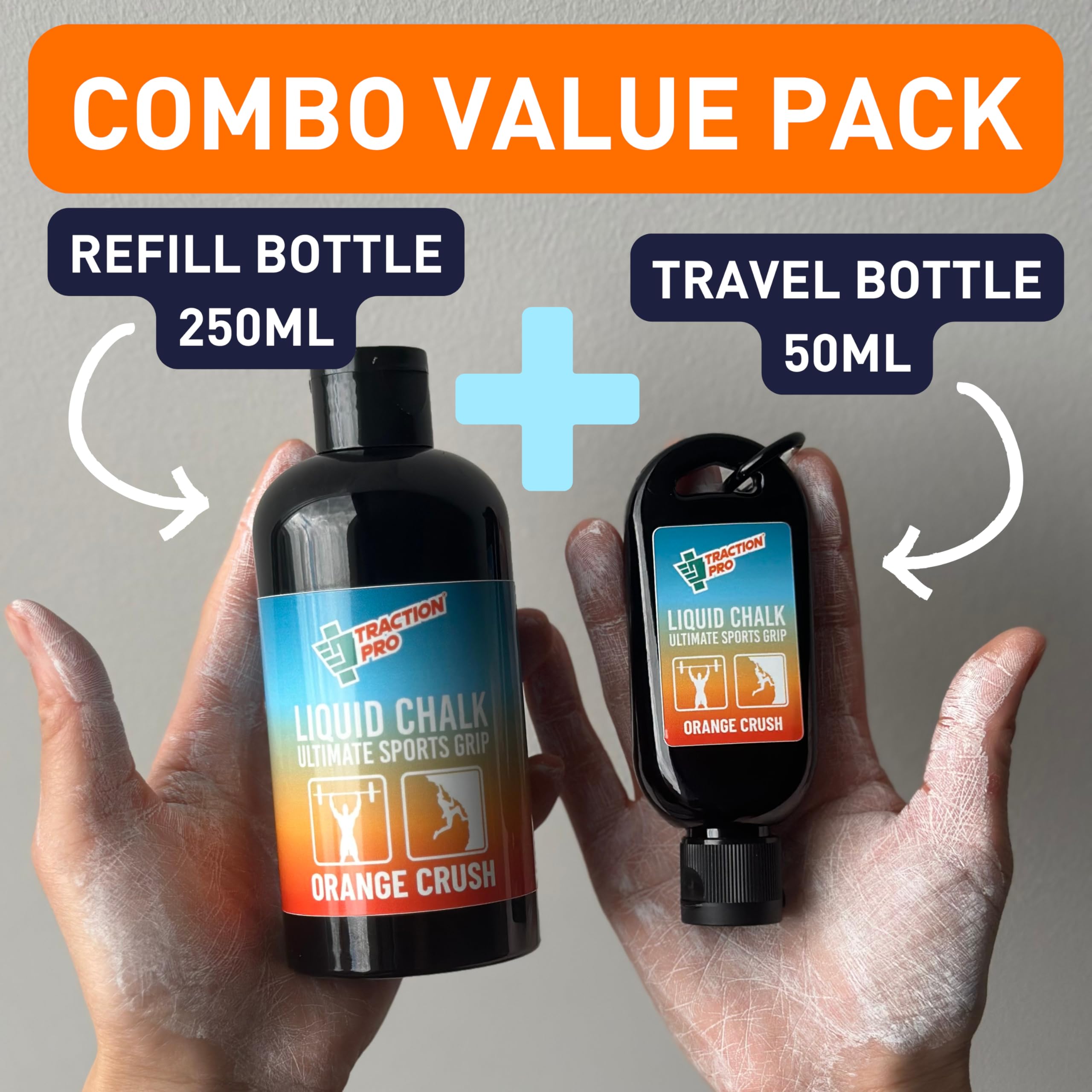 Premium Liquid Chalk 50ml & 250ml - Orange Scented Non-Toxic Climbing Chalk for Rock Climbing, Weightlifting & Gymnastics | Fast Drying, Long Lasting & Mess-Free Hand Grip Enhancer for Gym, Pole Dancing & Workout | Ideal for Sweaty Hands During Intense Training Sessions