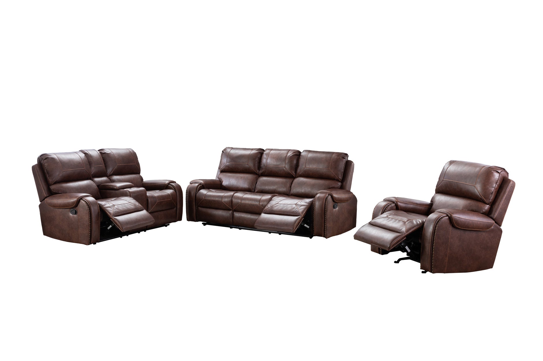 Caesar Brown Reclining Living Room Set - 3-Piece Leather Recliner Sofa with Cup Holders | Perfect for Family Movie Nights & Home Theater Lounging
