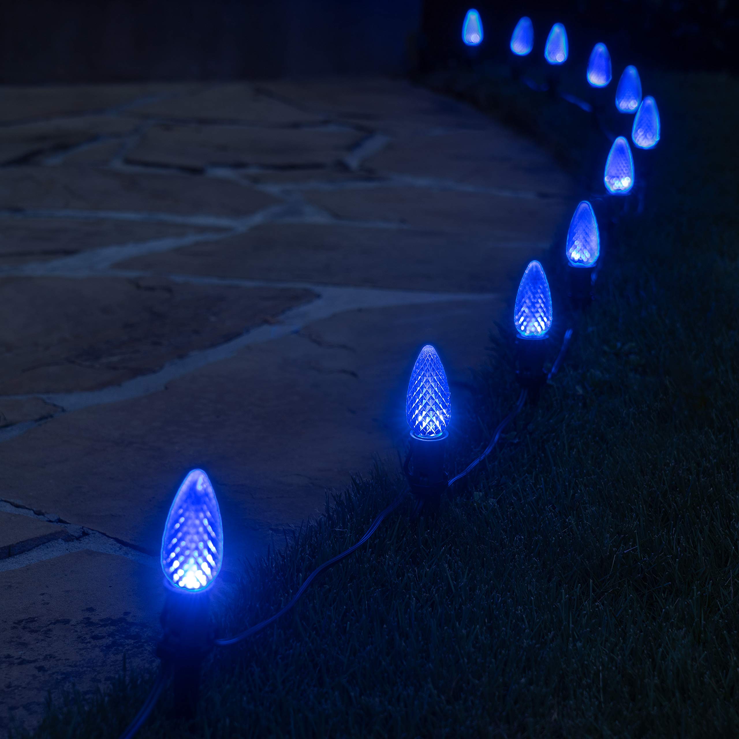 Wintergreen Lighting 50ft OptiCore LED Blue Christmas Pathway Lights - C9 Landscape Lighting with 4.5