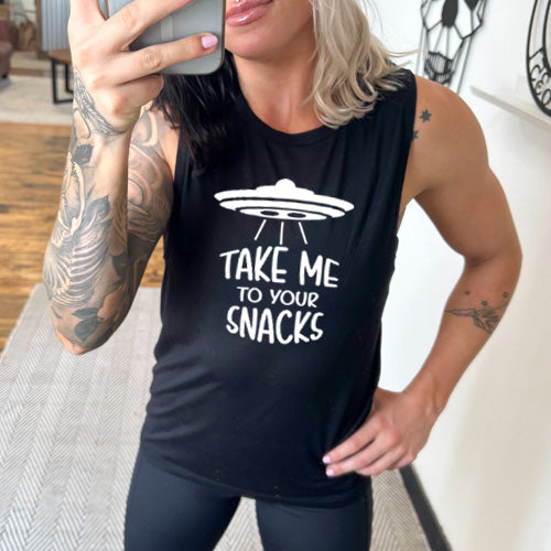 Take Me To Your Snacks Muscle Tank Top - Funny Alien Graphic Tee for Women & Men - Gym Workout & Casual Wear