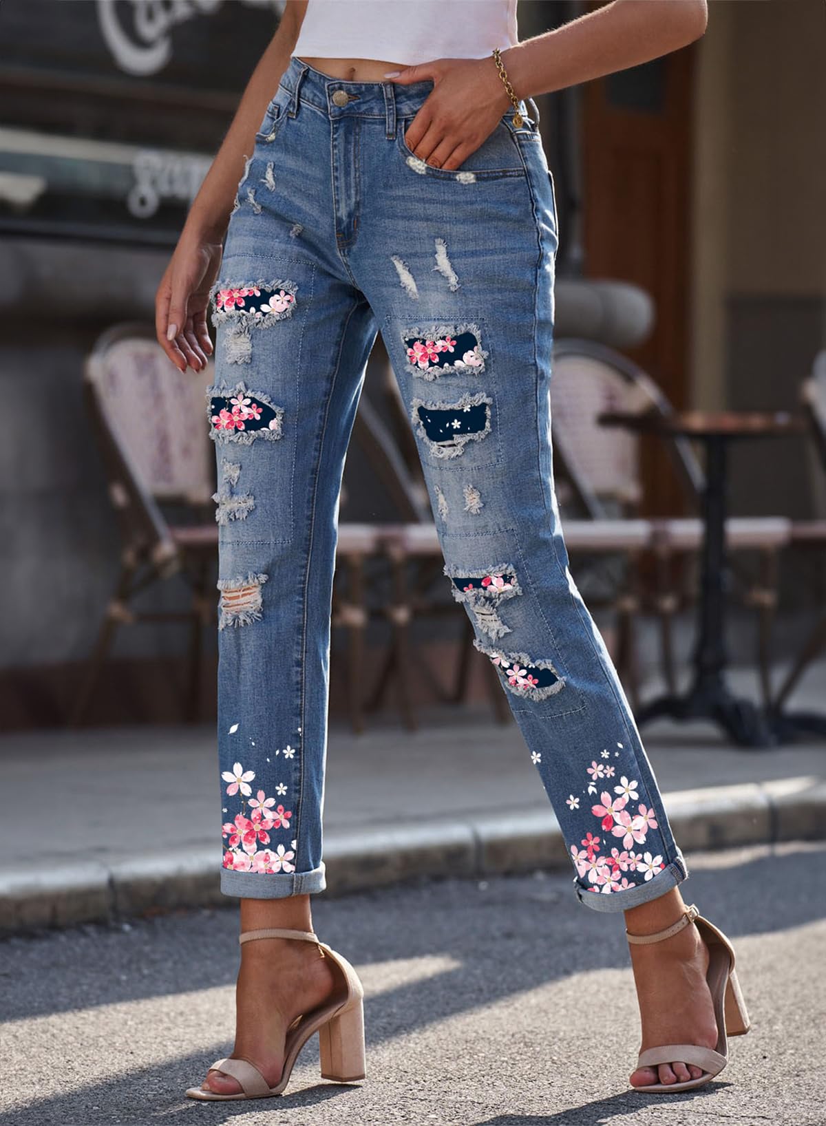 EVALESS Women's Ripped Boyfriend Jeans - Distressed Skinny Denim Pants with Plaid Patch Design | Casual Streetwear, Weekend Outfits & Fashion Styling