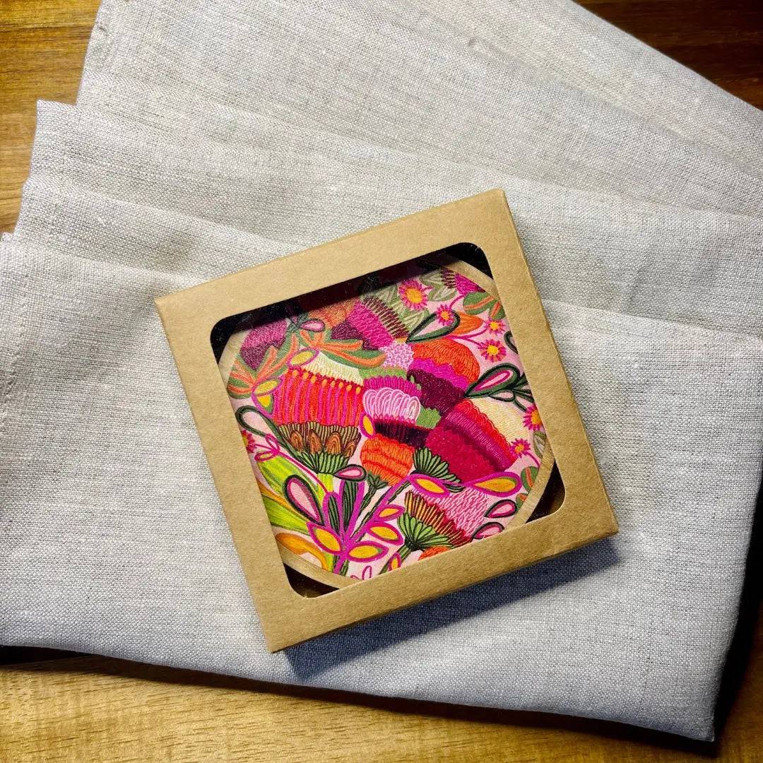 Wild Blooms Wooden Coasters and Napkin Set - 4-Piece Natural Wood Drink Coasters with Matching Napkins for Home, Kitchen, Dining Table, and Party Decor