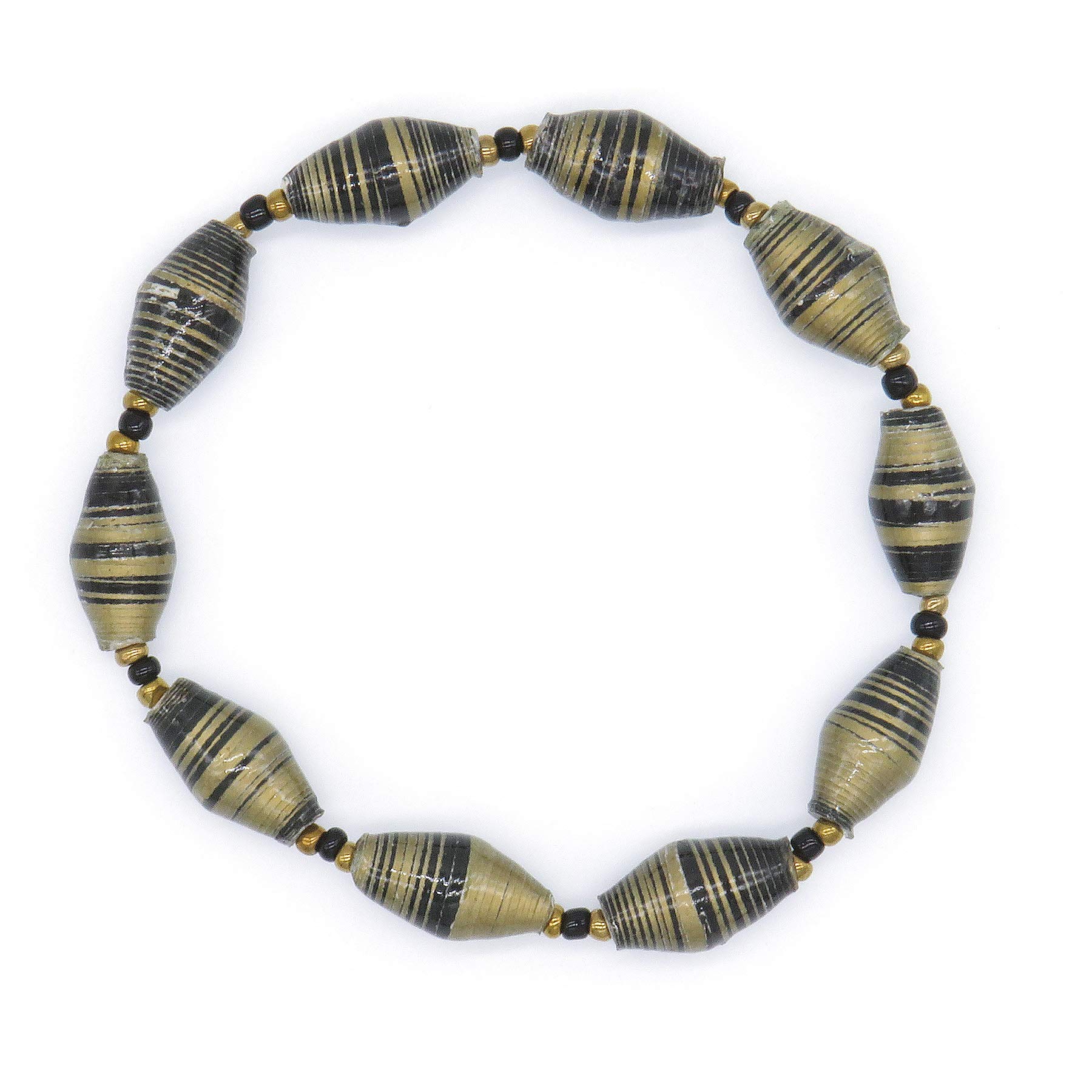Outreach Uganda Stretch Bracelet - Black and Gold Striped Recycled Paper Beaded Bracelet - Handmade Eco-Friendly Fair Trade Jewelry - Unique Gift for Women, Men - Perfect for Casual Wear, Boho Style & Ethical Fashion