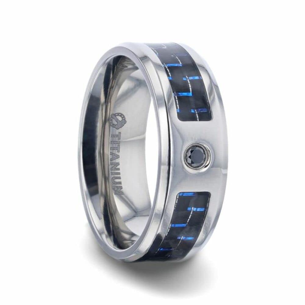 Roy Rose Men's Titanium Black & Blue Carbon Fiber Wedding Ring with Black Sapphire Center Stone - Beveled Polished Comfort Fit, 8mm Wide - Perfect for Engagement, Wedding Bands & Anniversary Gifts - Style Name: Pacific