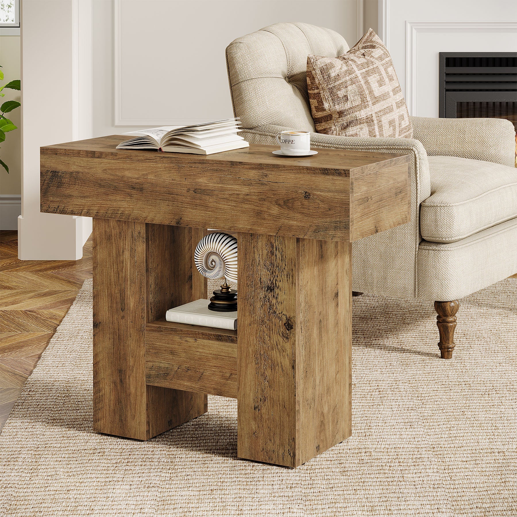Farmhouse End Table with 2-Tier Shelf - 31.5 Inch Sturdy Sofa Side Table for Living Room, Bedroom & Patio - Rustic Coffee Table with Heavy Duty Metal Base