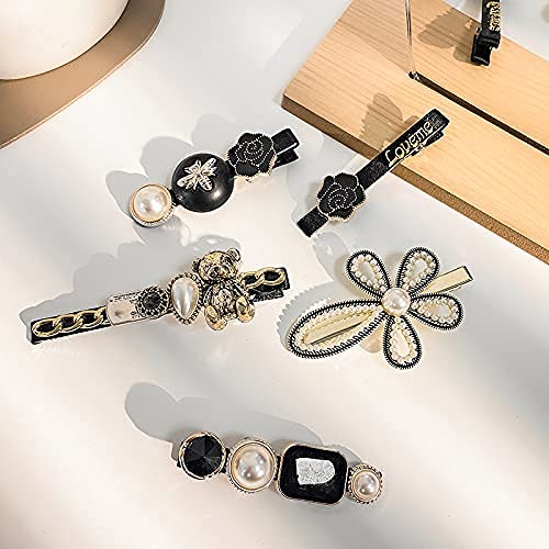 QURAX 5Pcs Black Hair Clips with Elegant Pearl - Women's Hair Accessories for Styling, Retro Bear Hair Pins for Girls - Perfect for Weddings, Parties & Everyday Use