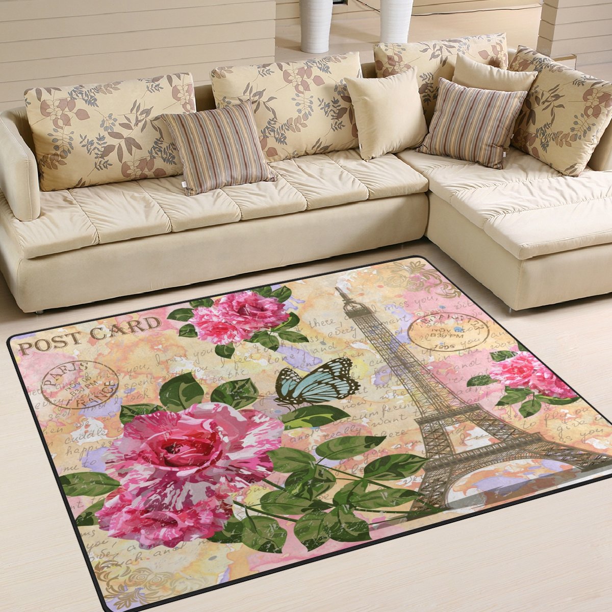 Vintage Floral Butterfly Paris Eiffel Tower French Area Rug - 7'x5' Non-Slip Living Room Bedroom Rug - Boho Chic Home Decor for Apartment, Dorm & Office