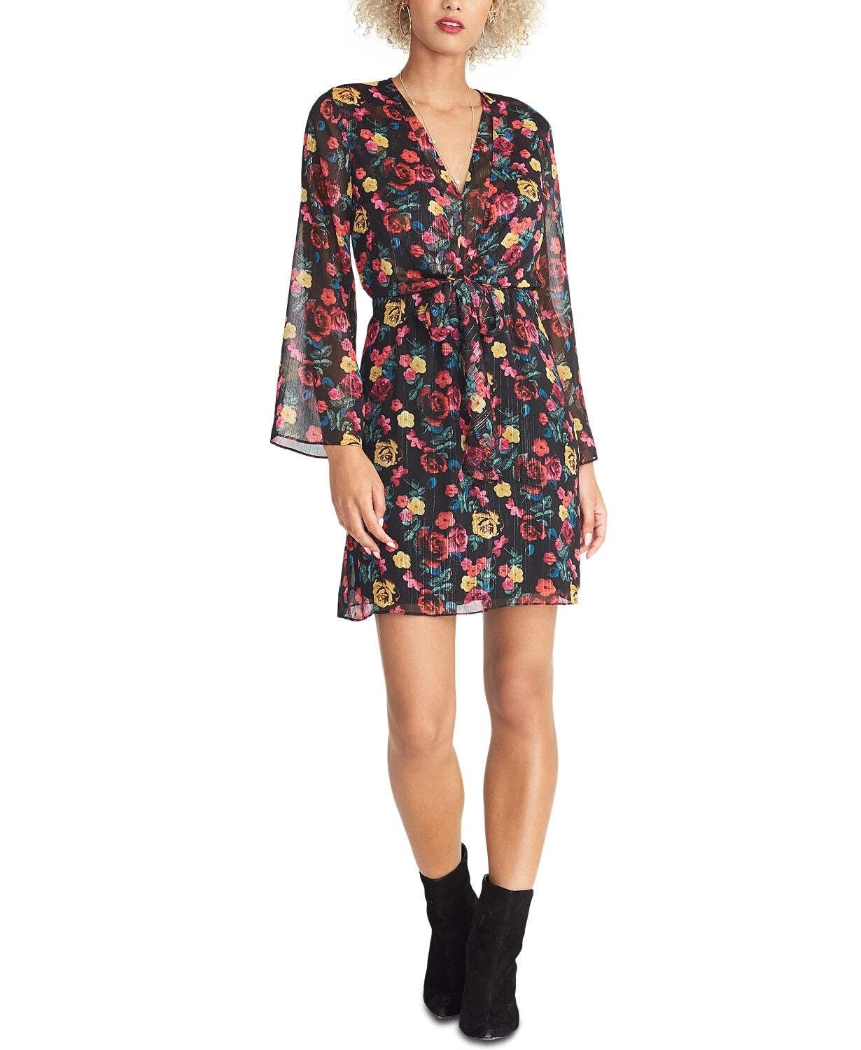 Rachel Roy Women's Emma Floral Tie Front Party Dress - Black Size S | Elegant Cocktail & Evening Gown for Weddings, Dinners & Special Occasions