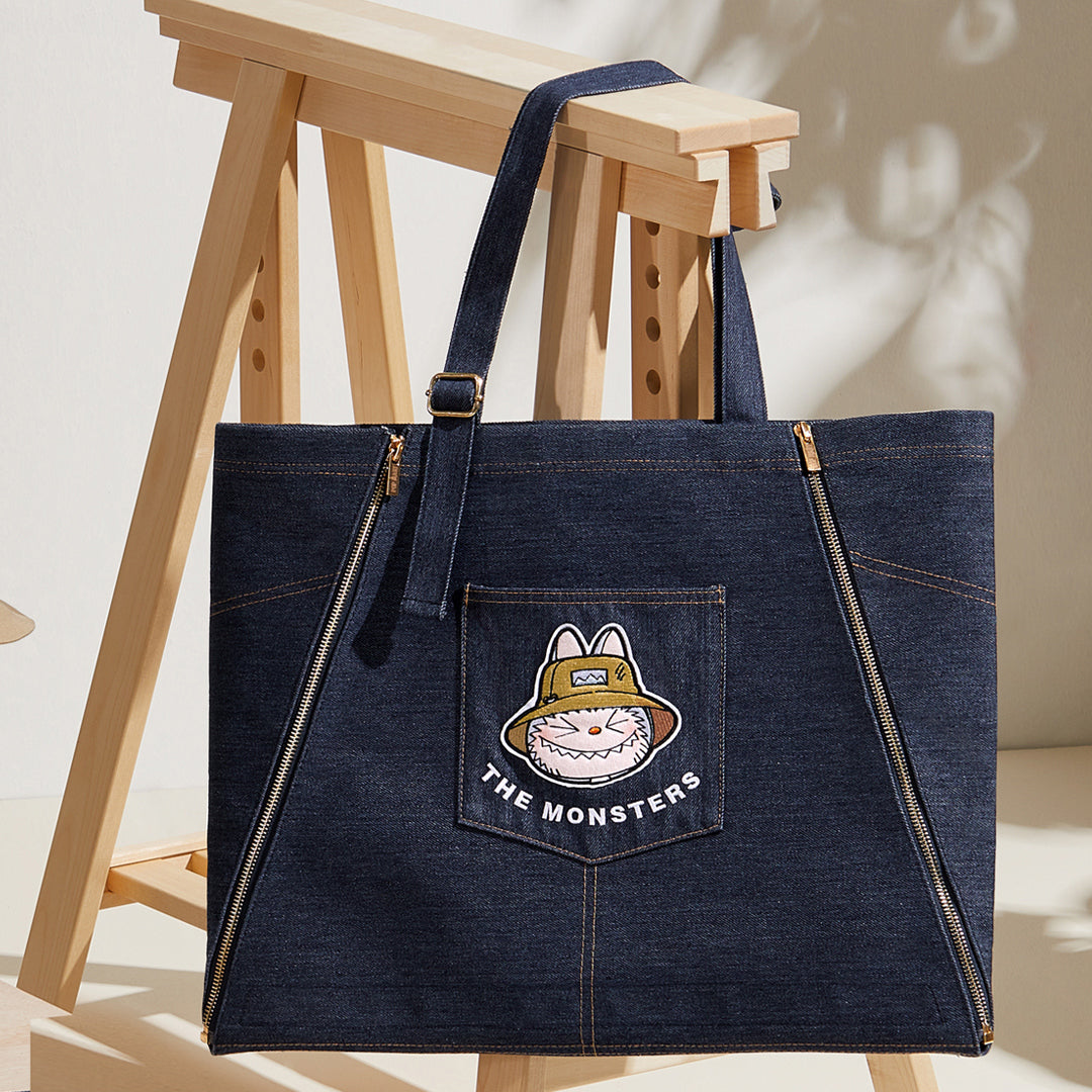 POP MART LABUBU The Monsters Denim Tote Bag & Apron Set - Cute Kawaii Anime Crossbody Shoulder Bag for Women, Perfect for Shopping, Picnics, and Cosplay Events
