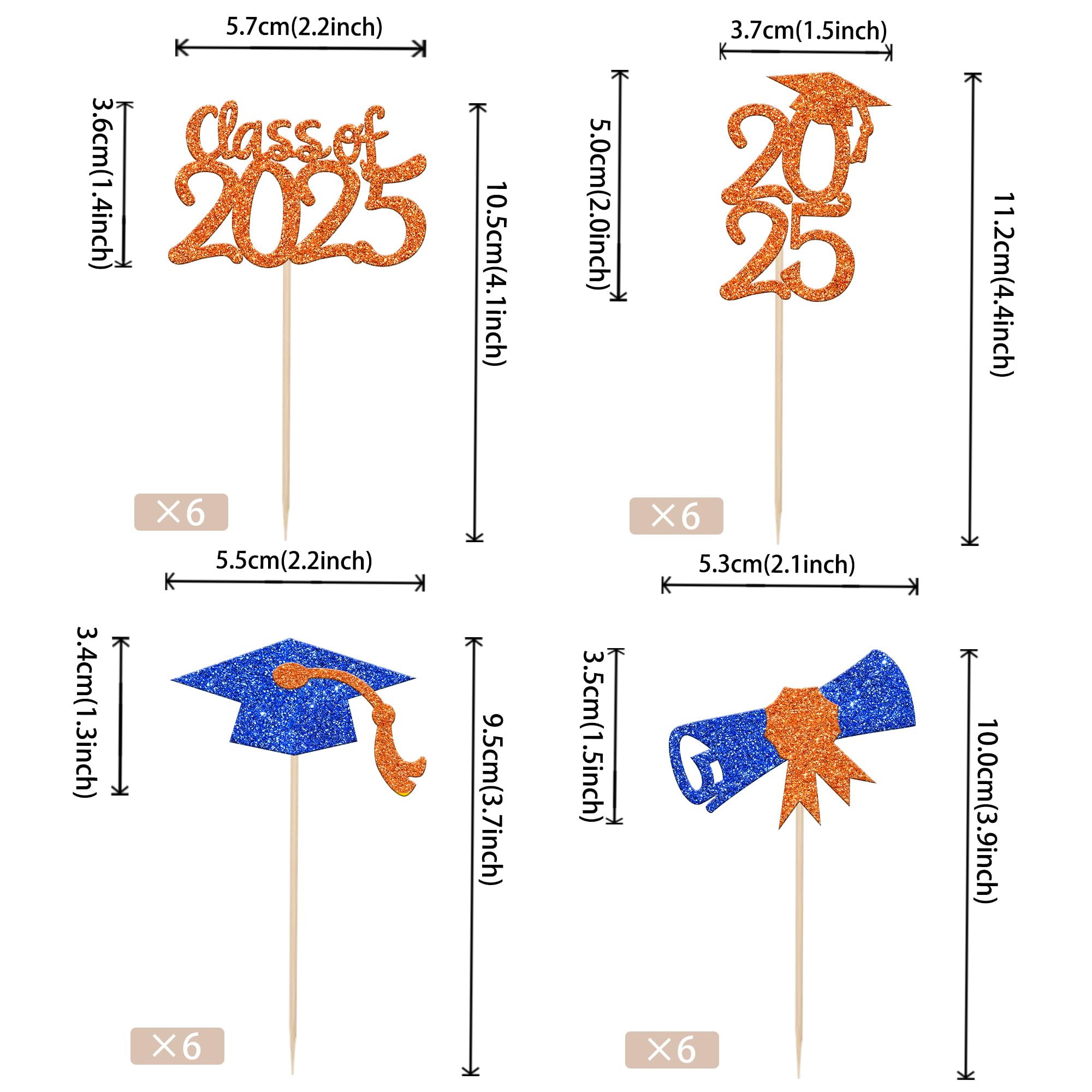 36 PCS 2025 Graduation Cupcake Toppers - Glitter Class of 2025 Cake Decorations with Diploma & Grad Cap - Blue & Orange Party Supplies for Graduation Ceremony, School Celebration & Dessert Table Decor
