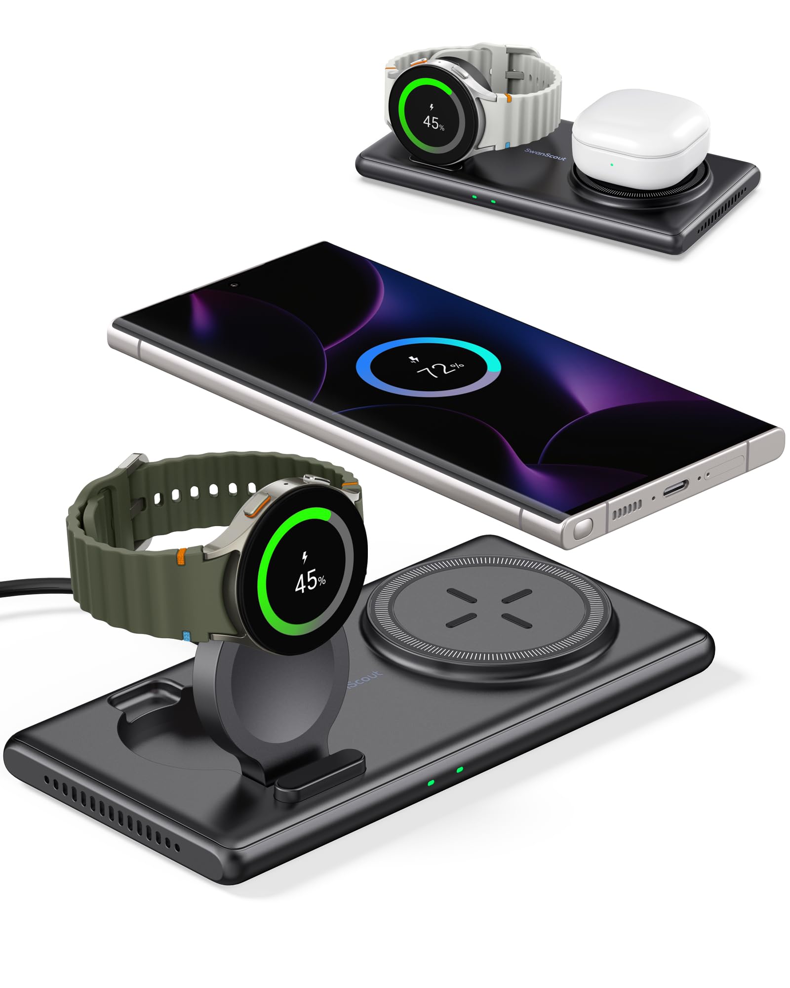 2-in-1 Wireless Charging Station for Samsung S25 Ultra/S25+/S25/Fold 6/Flip 6 & Galaxy Watch Ultra/7/6/5/4/3 & Buds 3/3 Pro - Fast Qi-Certified Charger Pad (No Adapter Included) | Perfect for Home, Office & Travel Use