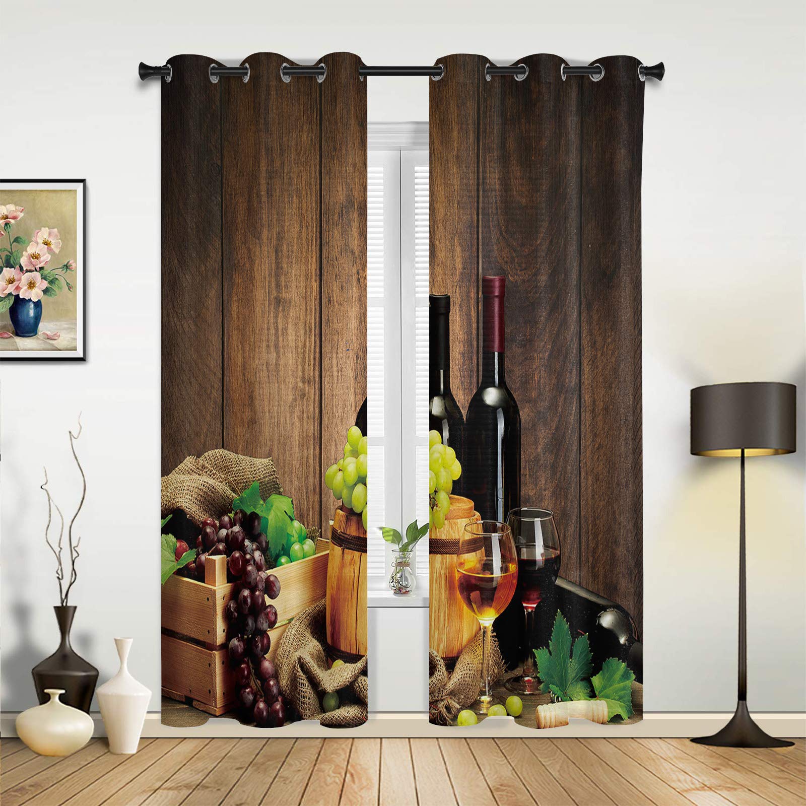 Rustic Wooden Grain Sheer Curtains with Wine Grapes & Barrels Design - 2 Panel Kitchen Tier Grommet Window Treatment (84 Inch Length) for Living Room, Bedroom, Patio Door - Perfect for Farmhouse, Vineyard or Wine-Themed Decor