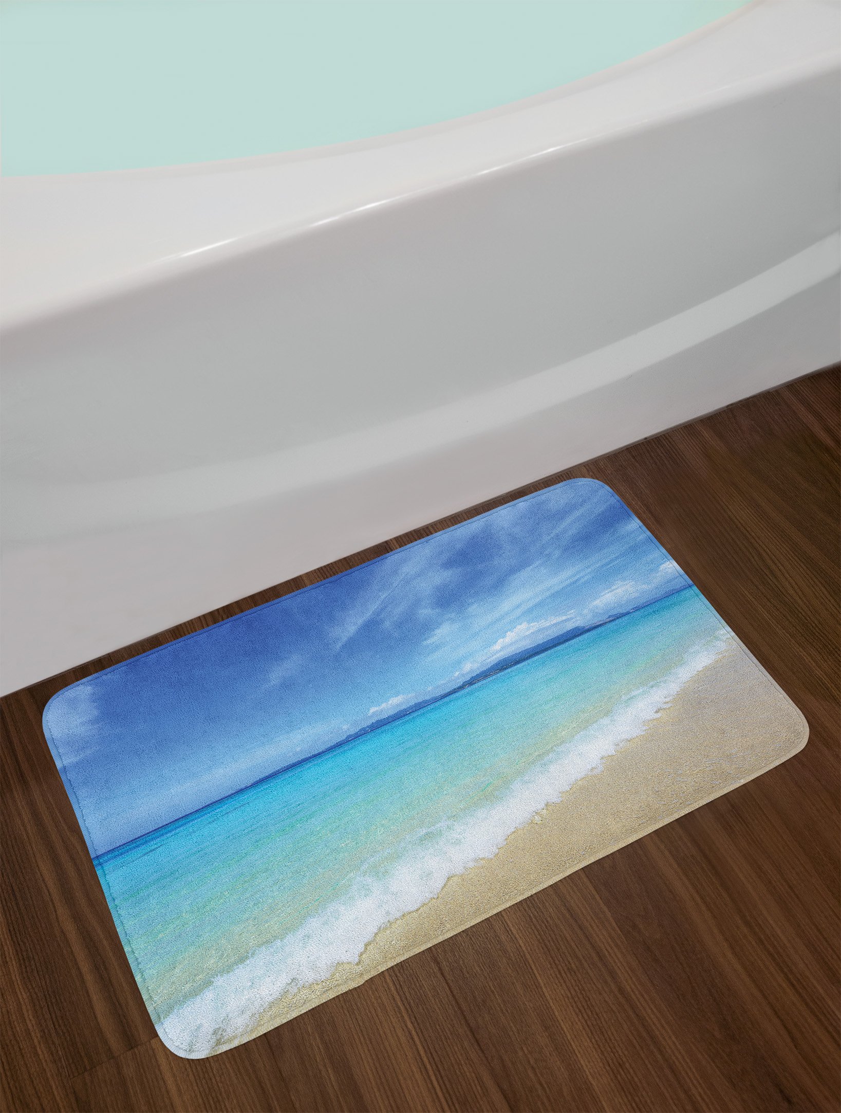 Lunarable Ocean Bath Mat - Non-Slip Plush Bathroom Rug with Exotic Beach Scenery, Sky & Clear Sea Water Design, 30.2