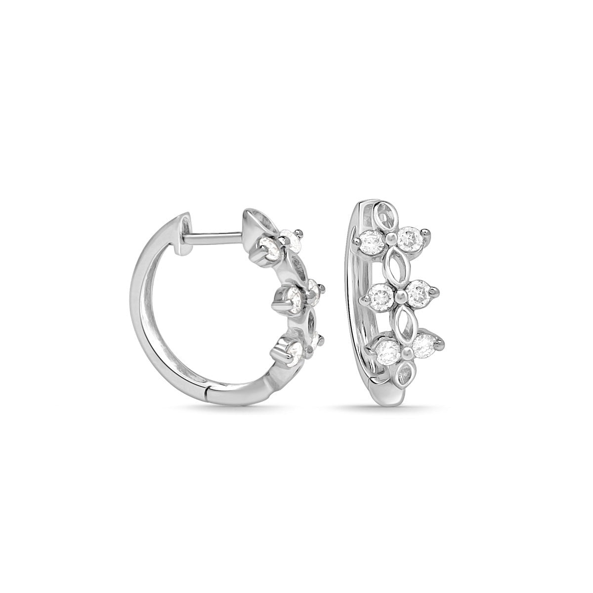 14K White Gold Floral Diamond Huggie Earrings for Women - Elegant Everyday Hoop Earrings for Casual & Formal Occasions