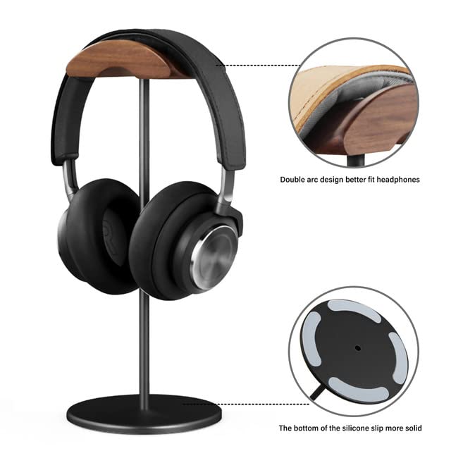 Premium Walnut Wood & Aluminum Headphone Stand - Sturdy Gaming Headset Holder with Heavy Base for All Headphones (Black) | Perfect for Home Office, Gaming Setup & Studio Organization
