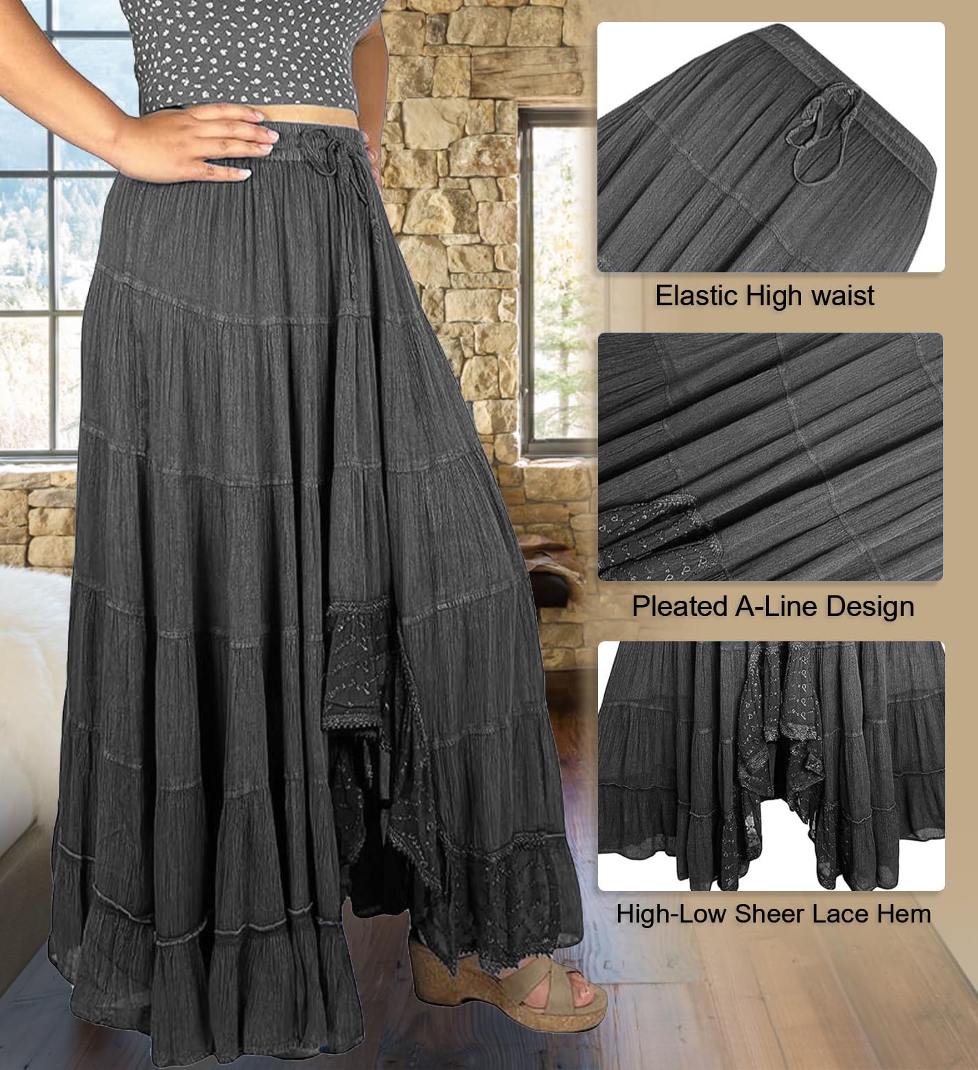 Agan Traders Women's 2025 Spring Floral Peasant Tiered Maxi Skirt - A-Line Flared High-Low Design with Elastic Waistband | Perfect for Beach, Vacation, Boho Outfits & Summer Dresses