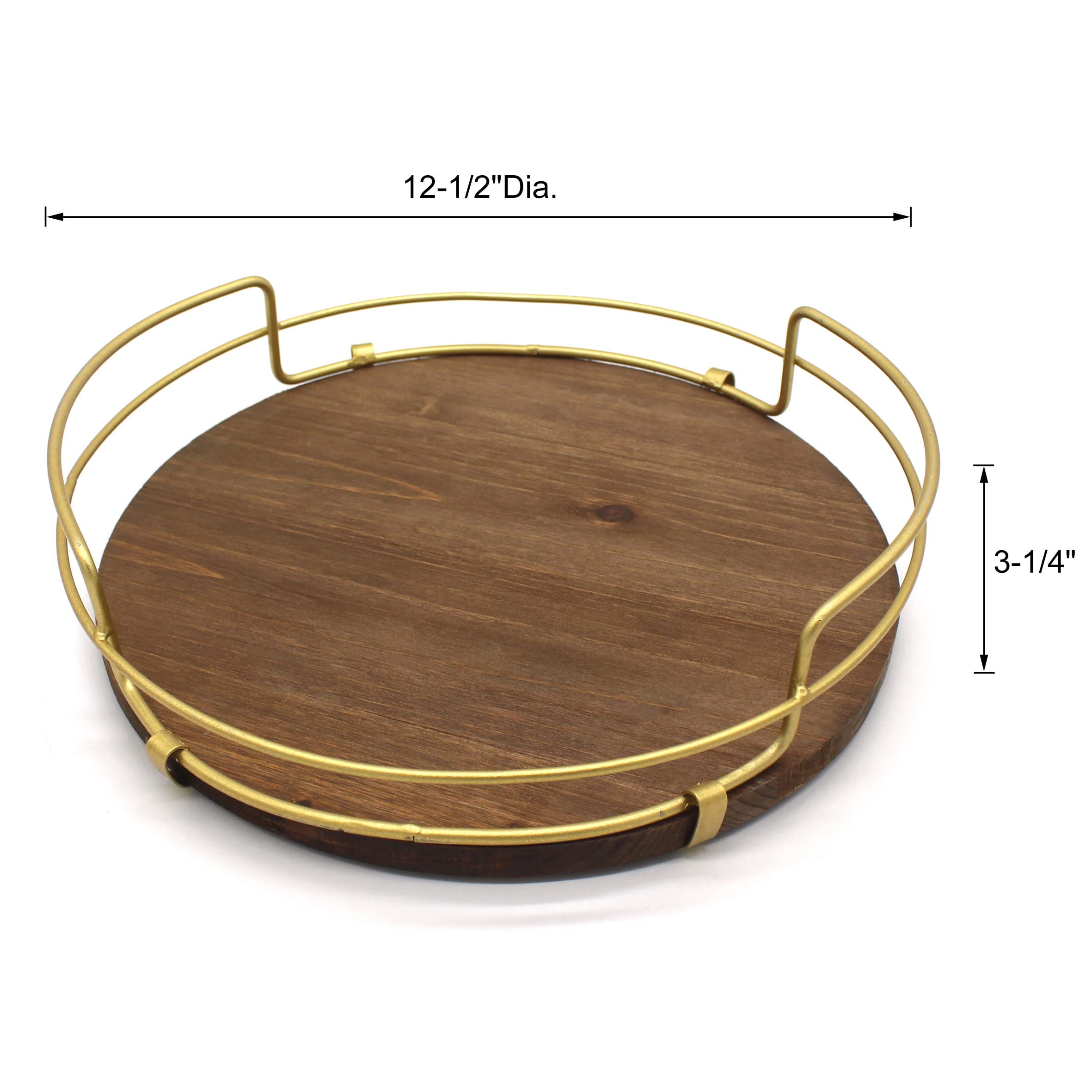 CVHOMEDECO Round Wood Serving Tray with Golden Metal Handles - Elegant Decorative Tray for Breakfast in Bed, Dining, Coffee Table & Party Serving | Perfect for Kitchen, Ottoman, BBQ & Home Decor