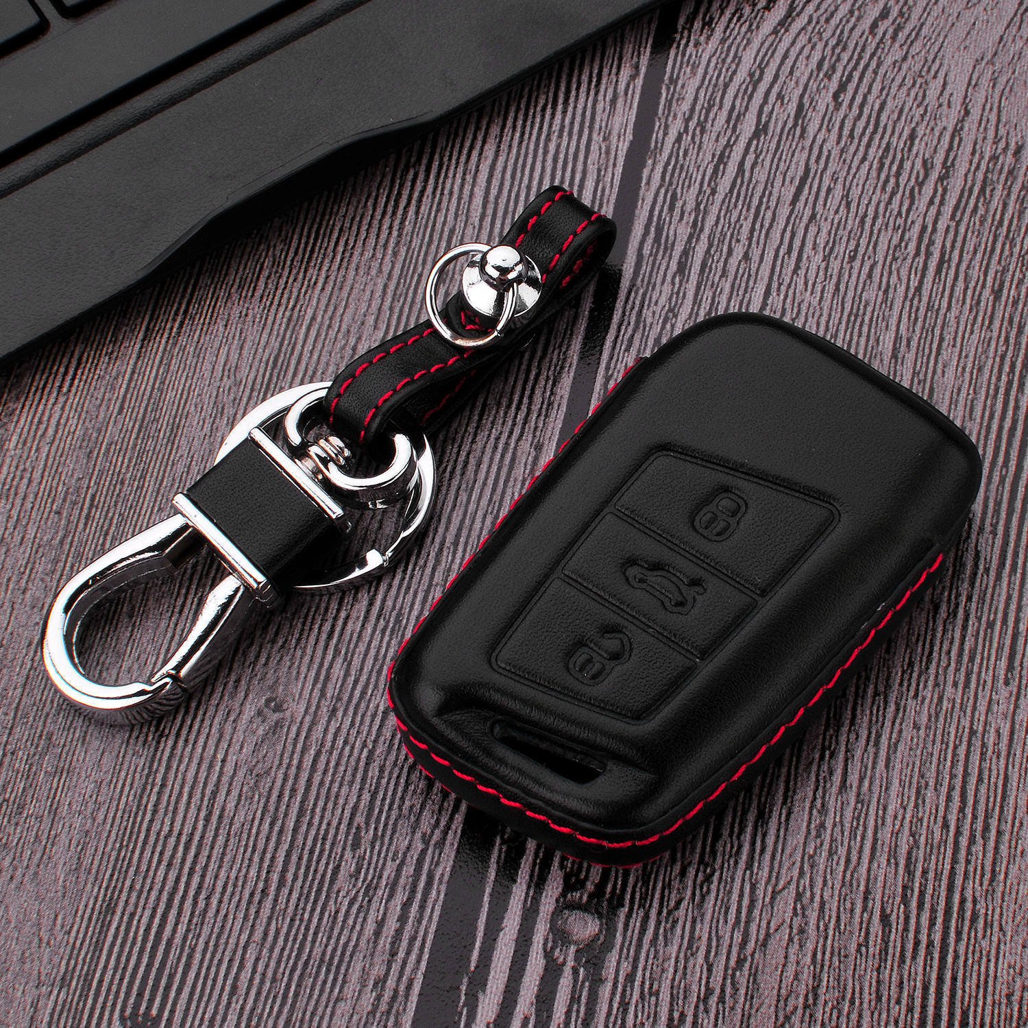 Genuine Leather Key Fob Cover for Volkswagen Arteon Atlas Golf Jetta Passat Taos Tiguan & Skoda Kodiaq Superb - Premium Car Key Case with Key Ring (Black) - Perfect Gift for Car Enthusiasts & Daily Protection