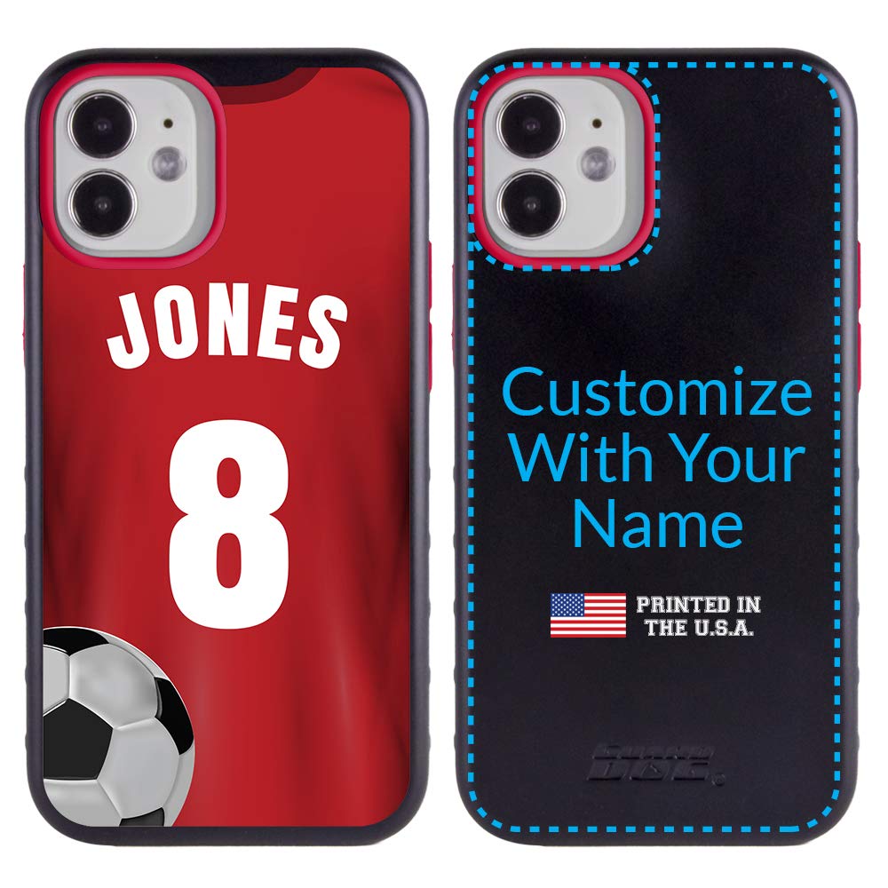 Custom Soccer Jersey iPhone 12 Mini Case - Personalized Sports Phone Cover with Your Name & Number - Hybrid Protective Case (Black/Red) - Perfect for Soccer Fans, Players & Gift Giving