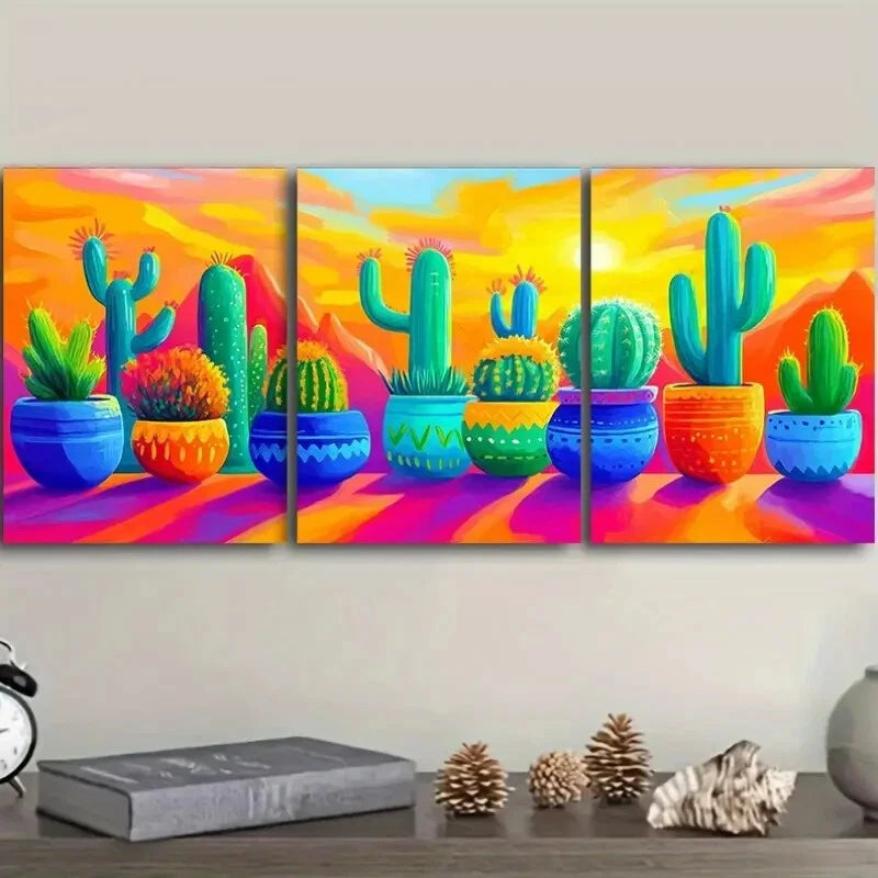 3-Piece Cactus Wall Art Set - Colorful Flower Pots Canvas Framed Decor 40x60cm - High Quality Print - 100% Australian Made - Ready to Hang - Perfect for Living Room, Bedroom, Office & Home Decor
