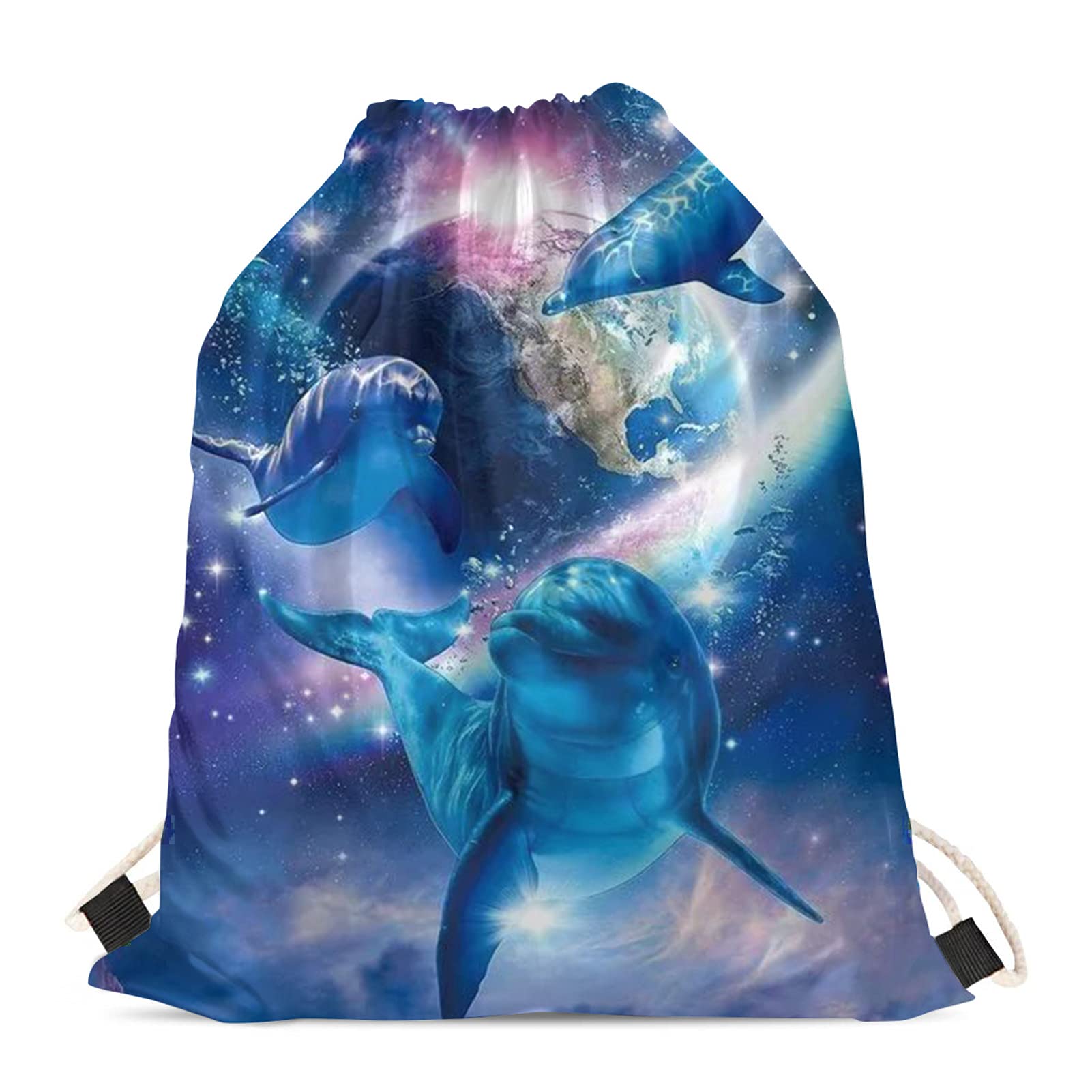 INSTANTARTS Moonlight Dolphin Print Drawstring Backpack - Lightweight Gym Sack for Women & Kids, Perfect for Yoga, Beach, Travel, Hiking, Shopping & Sports Activities | Durable Daypack for Dance & Outdoor Adventures