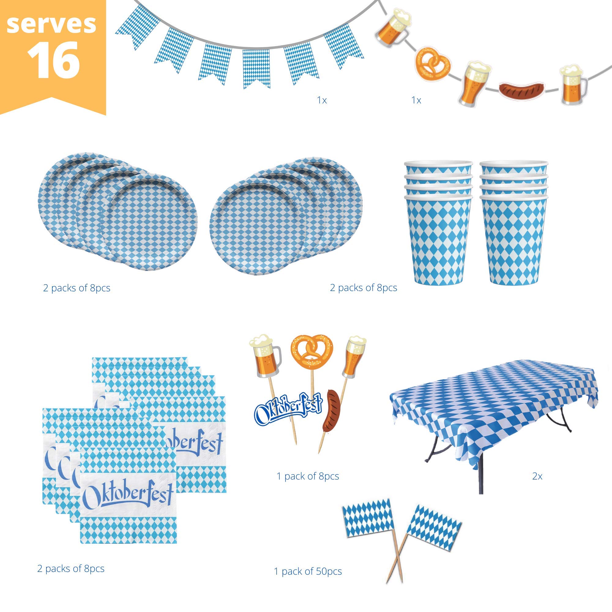 Deluxe Oktoberfest Party Pack for 16 - Bavarian Themed Tablecloth, Plates, Cups, Napkins & Decorations | Perfect for German Beer Festivals, Oktoberfest Celebrations & Themed Parties