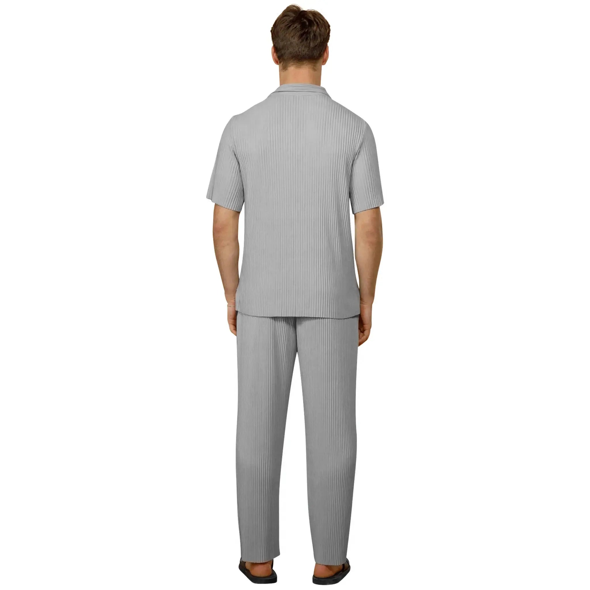 Belier Pleated Light Grey Resort Shirt & Shorts Set - Stylish Summer Vacation Outfit for Men, Beachwear, Tropical Holiday, Poolside Lounge & Casual Wear