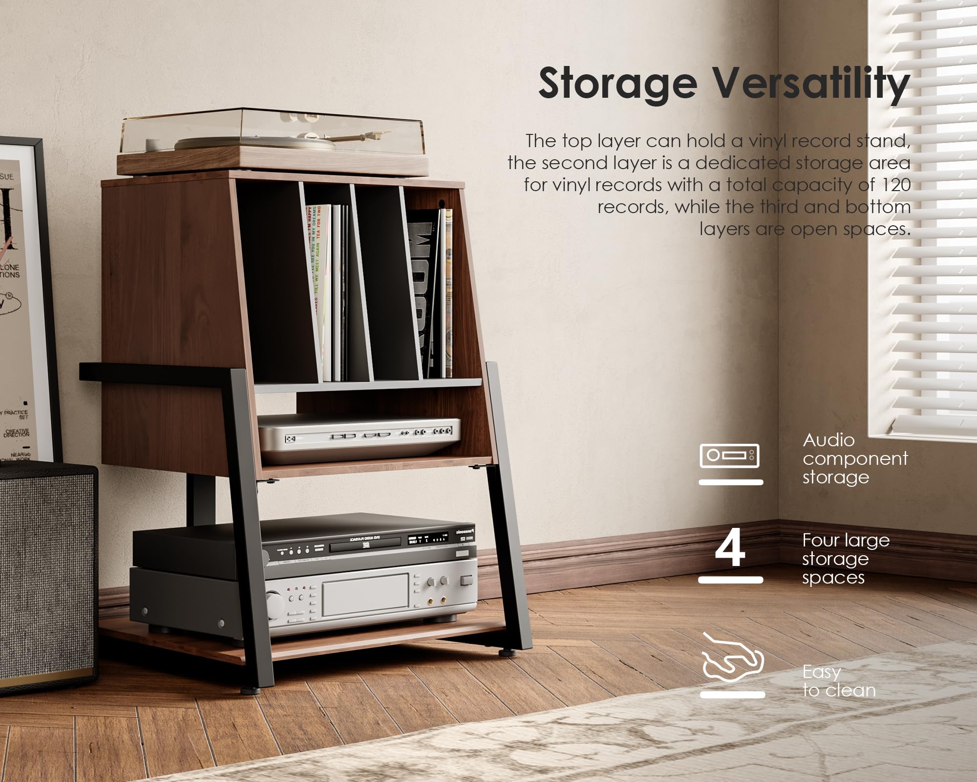 FITUEYES Eiffel Series Vinyl Record Player Stand with Storage - Holds 120 Records, Turntable Stand with Built-in Charging Station, Compact Entertainment Center for Living Room | Perfect for Music Lovers & Small Space Decor