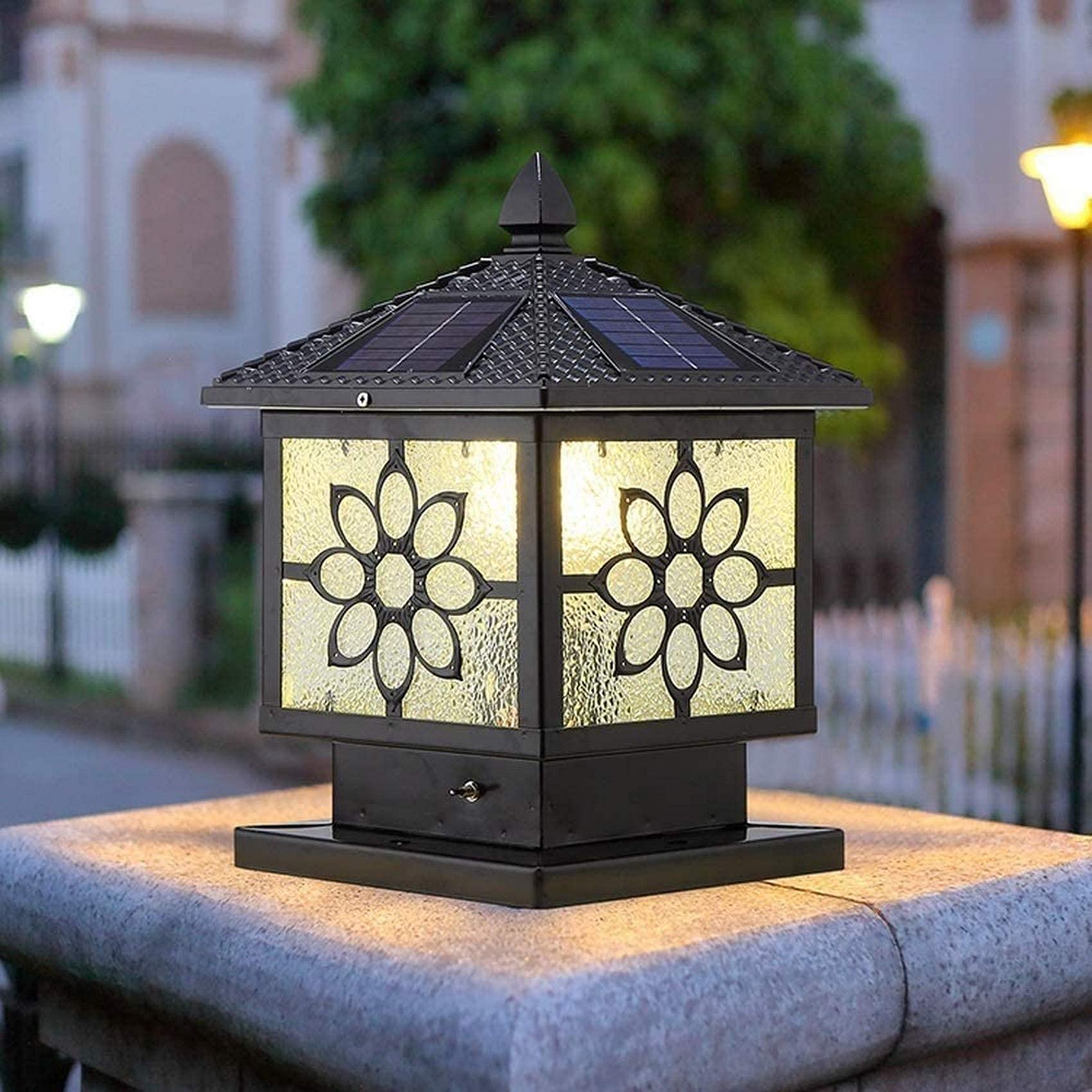 Vintage Solar E27 Outdoor Waterproof Pillar Lamps - Retro Industrial Metal Iron Column Lights with Water Pattern Glass - Energy Efficient Garden, Pond & Pathway Lighting - Perfect for Patio, Yard & Landscape Decoration