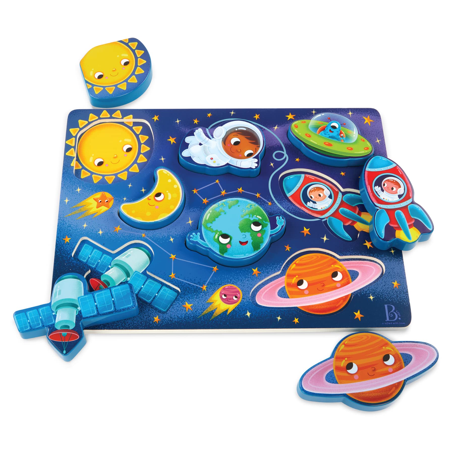 B. Toys Peek & Explore Outer Space Chunky Puzzle for Toddlers & Kids – Planets, Astronauts, Spaceships – Educational Wooden Puzzle for Ages 2+ – Perfect for Preschool Learning & Space-Themed Playtime