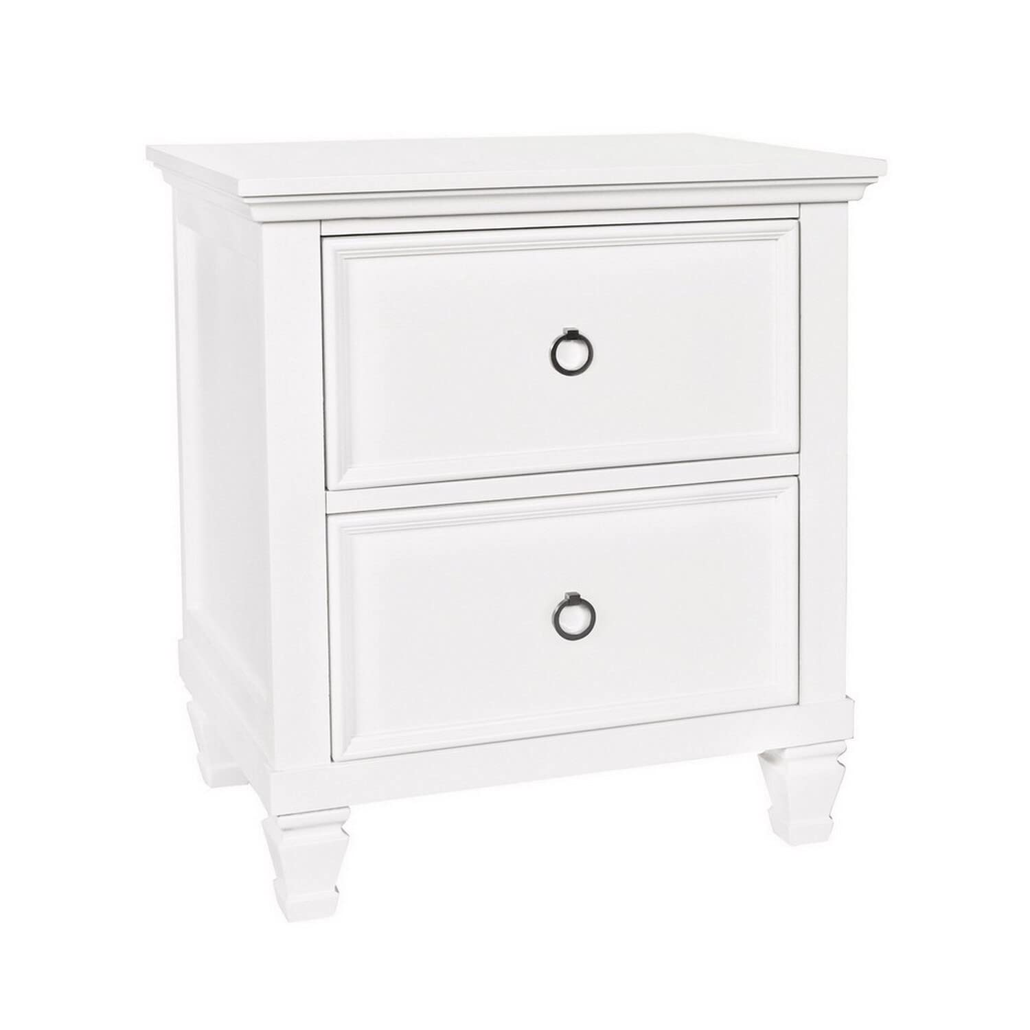 Benjara 2 Drawer White Wooden Nightstand with Tapered Legs & Metal Rings - Perfect for Bedroom, Living Room or Guest Room Furniture