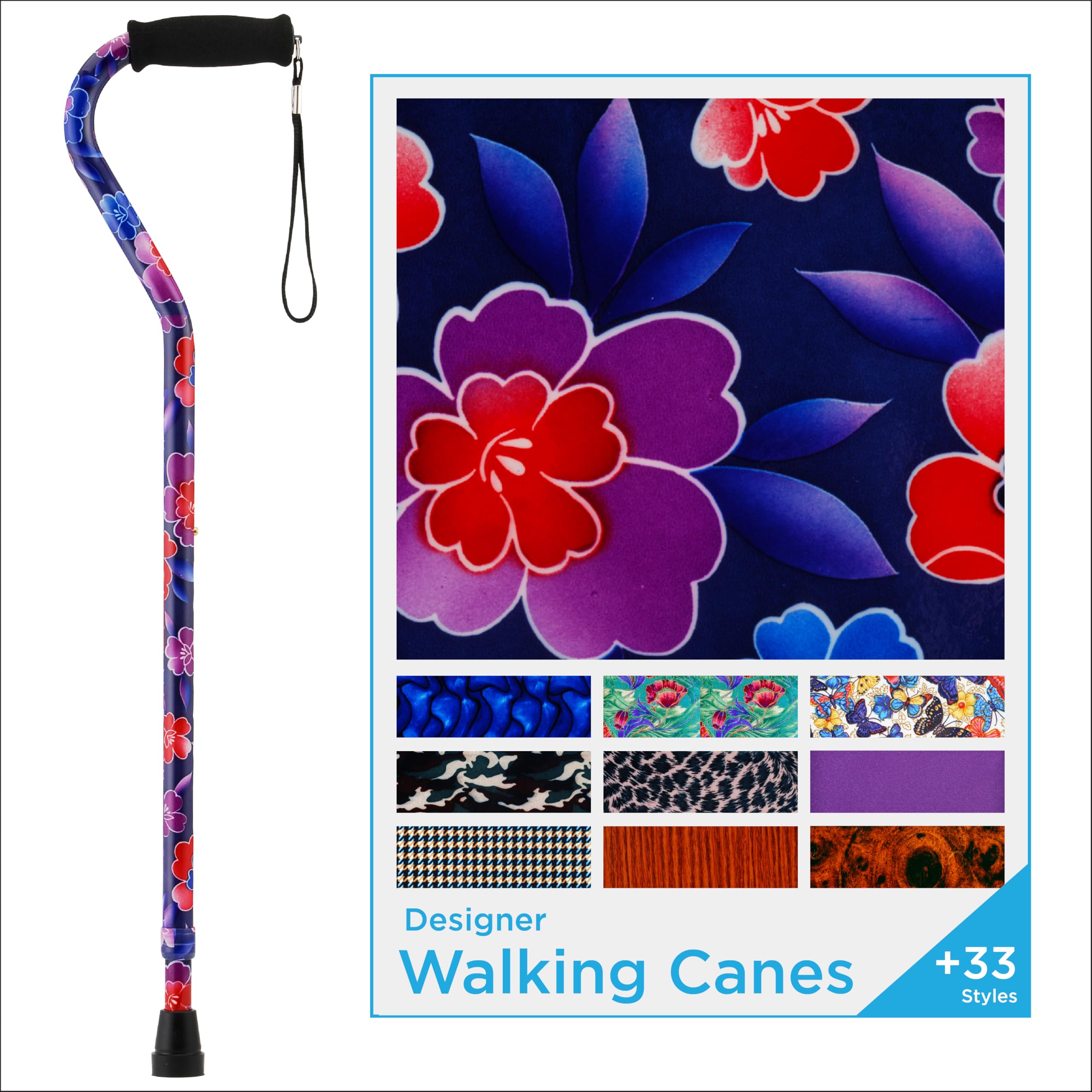 Lightweight Adjustable Walking Cane with Offset Handle - Maui Flowers Design - Comfortable Mobility Aid with Carrying Strap for Seniors & Travel - Ideal for Hiking, Daily Use & Recovery Support