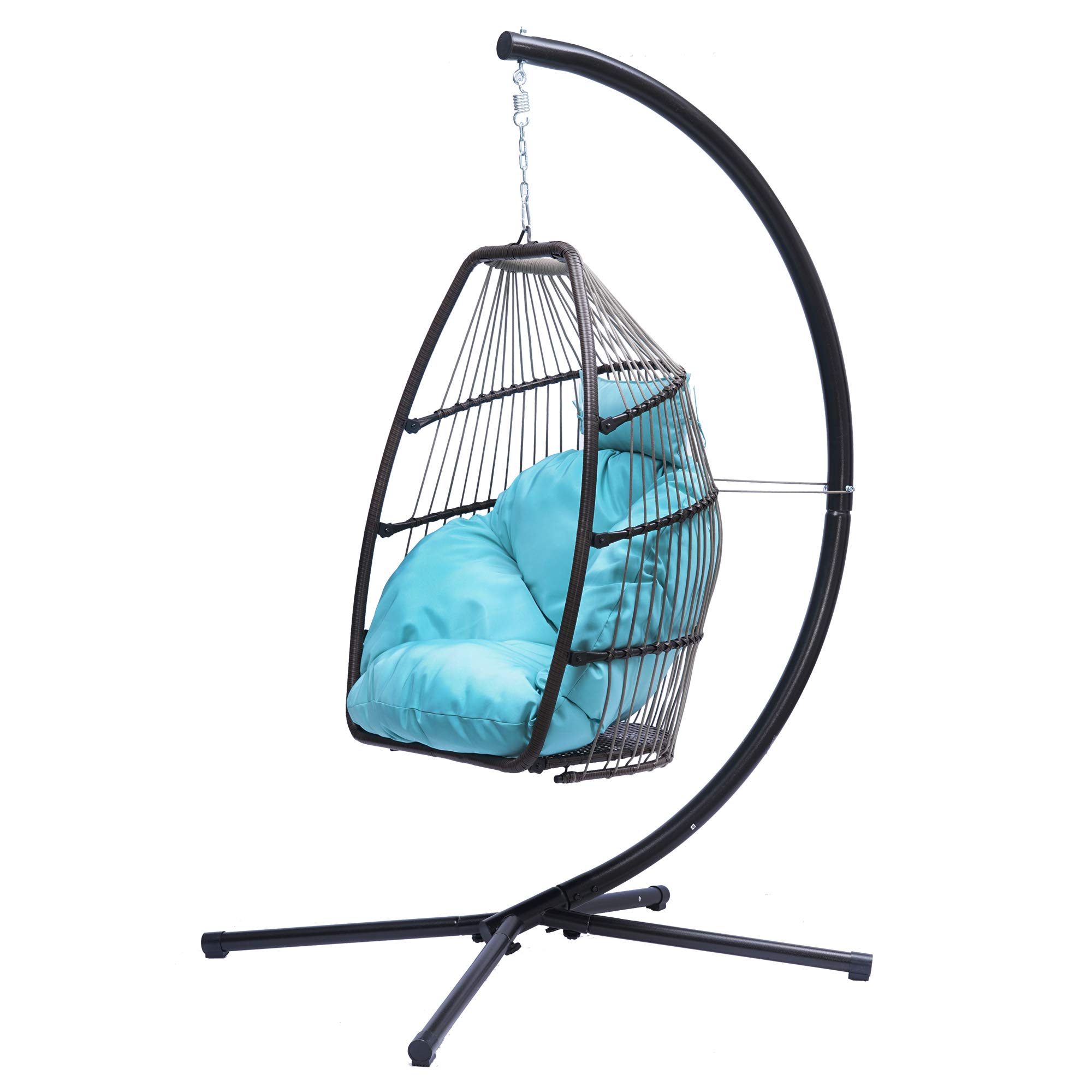 Outdoor Hanging Chair - Patio Wicker Rattan Swing Hammock with Cushion & Pillow, Foldable Egg Chair for Garden, Balcony, Porch | Indoor/Outdoor Use (Blue)