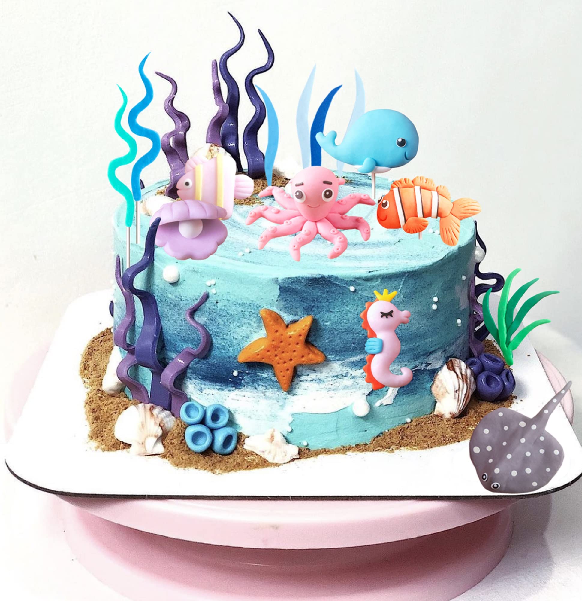 16 Pcs Under The Sea Cake Toppers - Ocean Themed Party Decorations with Devil Fish, Octopus & Seahorse - Perfect for Birthday Cakes, Baby Showers & Underwater Theme Parties