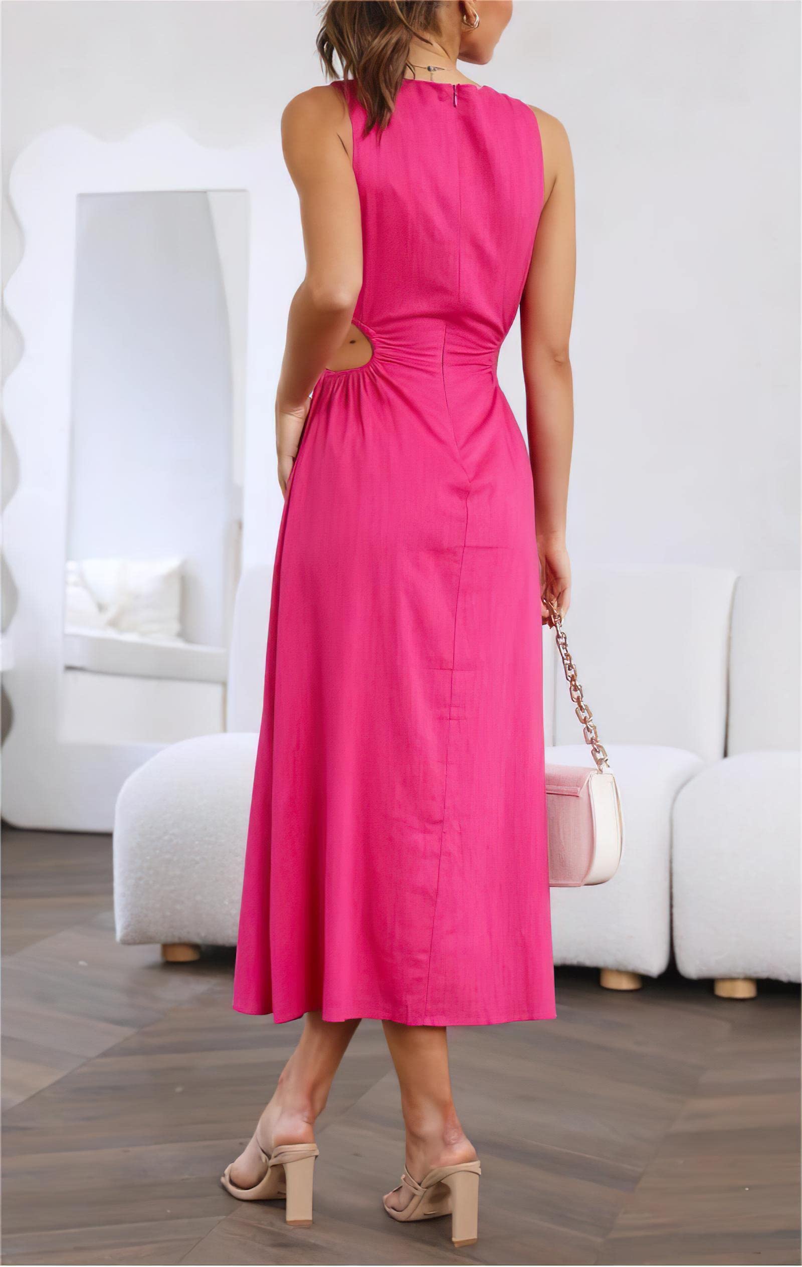 TIAFORD Women's Long Linen Dress - Sleeveless Summer Midi Dress with Slit & Cutout Details | Casual Beachwear, Vacation Outfit, Boho Chic Style