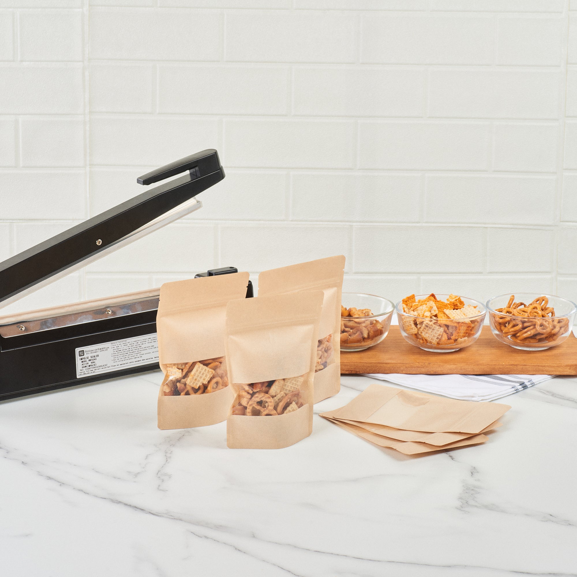Kraft Plastic Small Window Bags with Heat Sealable Feature - 7 x 4 3/4 x 1 1/2 Inches - Pack of 100 | Perfect for Bakery, Candy, Crafts & Retail Packaging