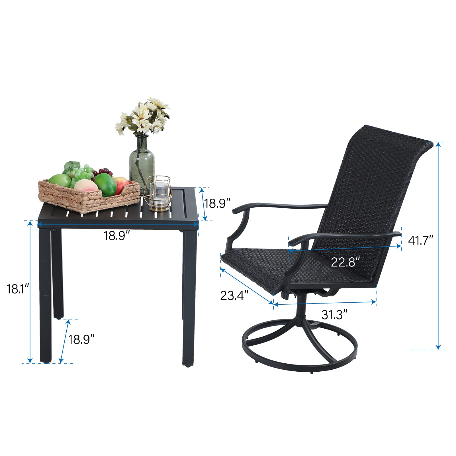 MFSTUDIO 3-Piece Outdoor Patio Furniture Set - Black Metal Square Bistro Table with 2 Swivel Dining Chairs - Adjustable Height Coffee Tea Table for Garden, Balcony, Backyard & Small Spaces