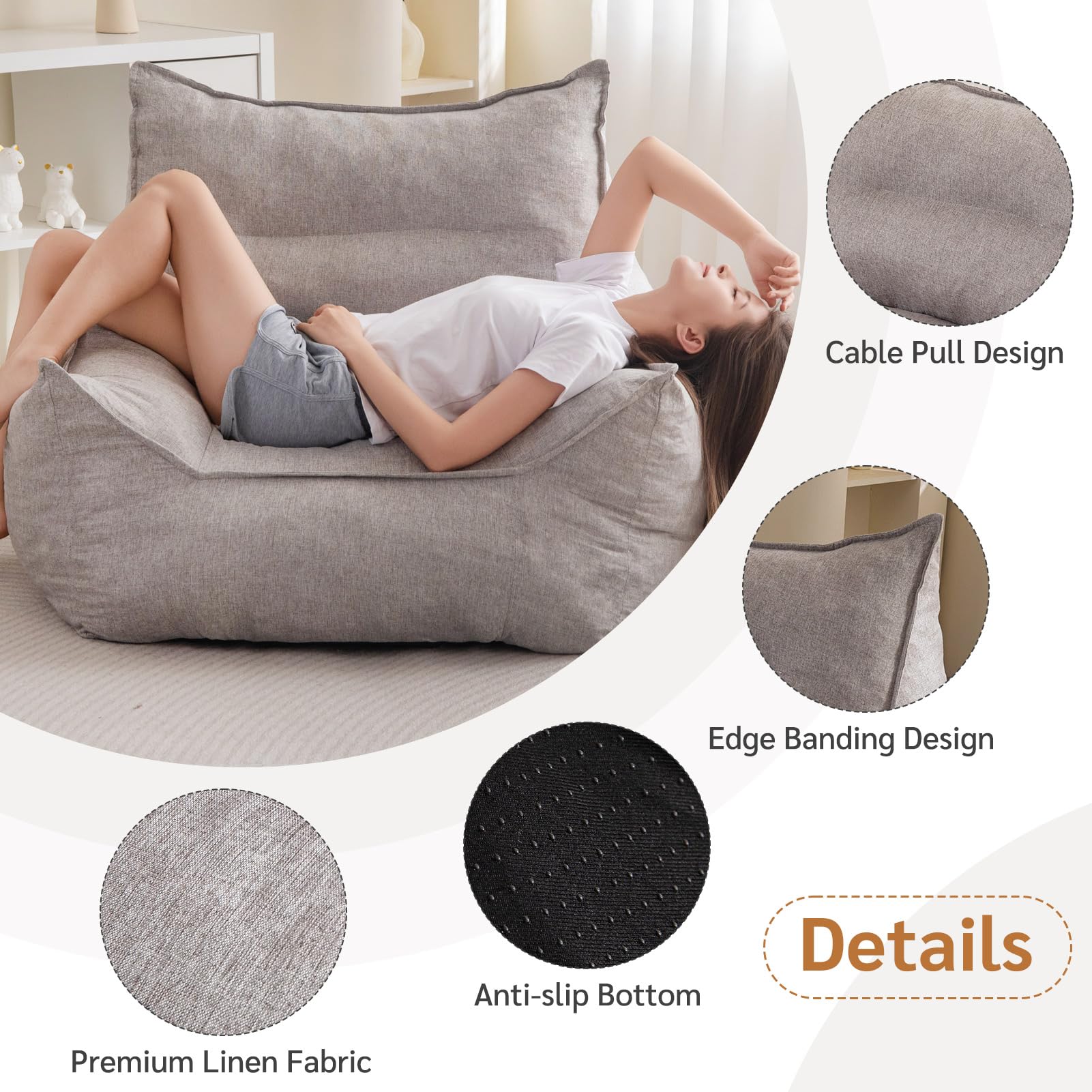 MAXYOYO Extra Large Bean Bag Chair with Armrests - Oversized Memory Foam Bean Bag Sofa for Adults & Teens, Grey - Perfect for Living Room, Bedroom, Game Room & Dorm Relaxation