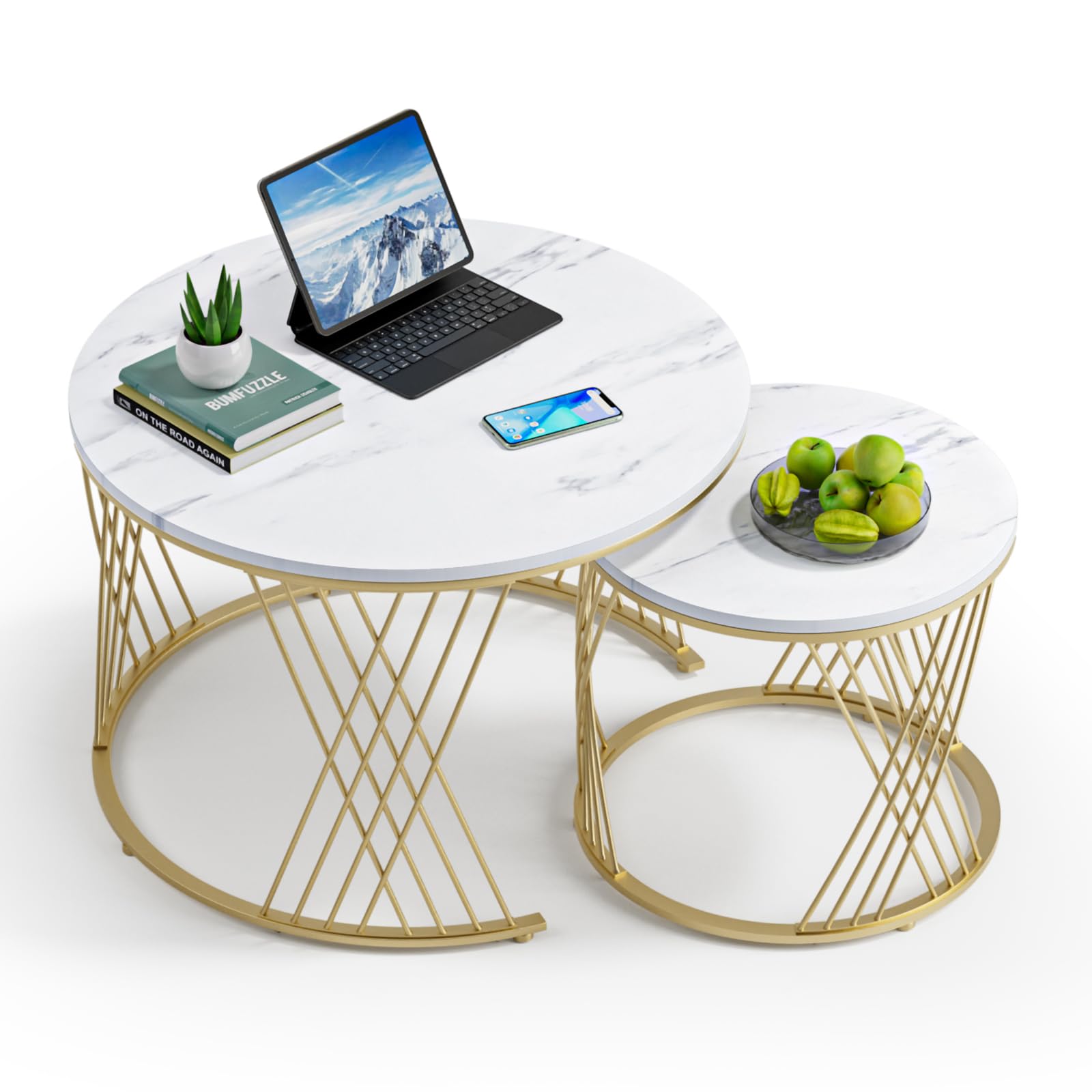 Giluta Round Coffee Table Set of 2 - Modern Faux Marble Nesting Tables for Living Room, Bedroom & Office - Stylish Center Table & Nightstand for Small Spaces
