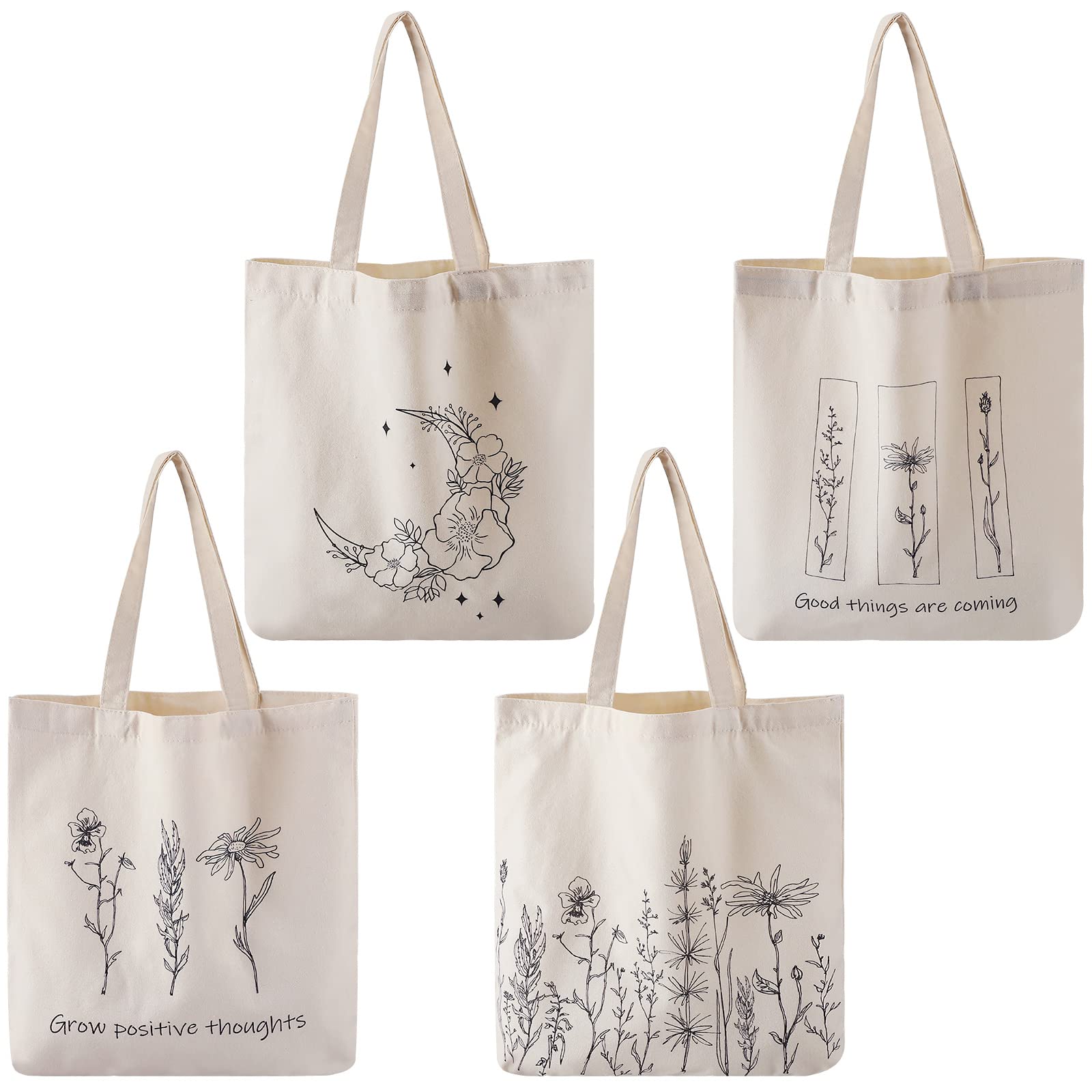 Stylish 4-Pack Canvas Tote Bags for Women - Eco-Friendly Reusable Grocery Shopping Bags with Wildflower Print - Perfect for Grocery Shopping, Beach Trips, and Daily Errands